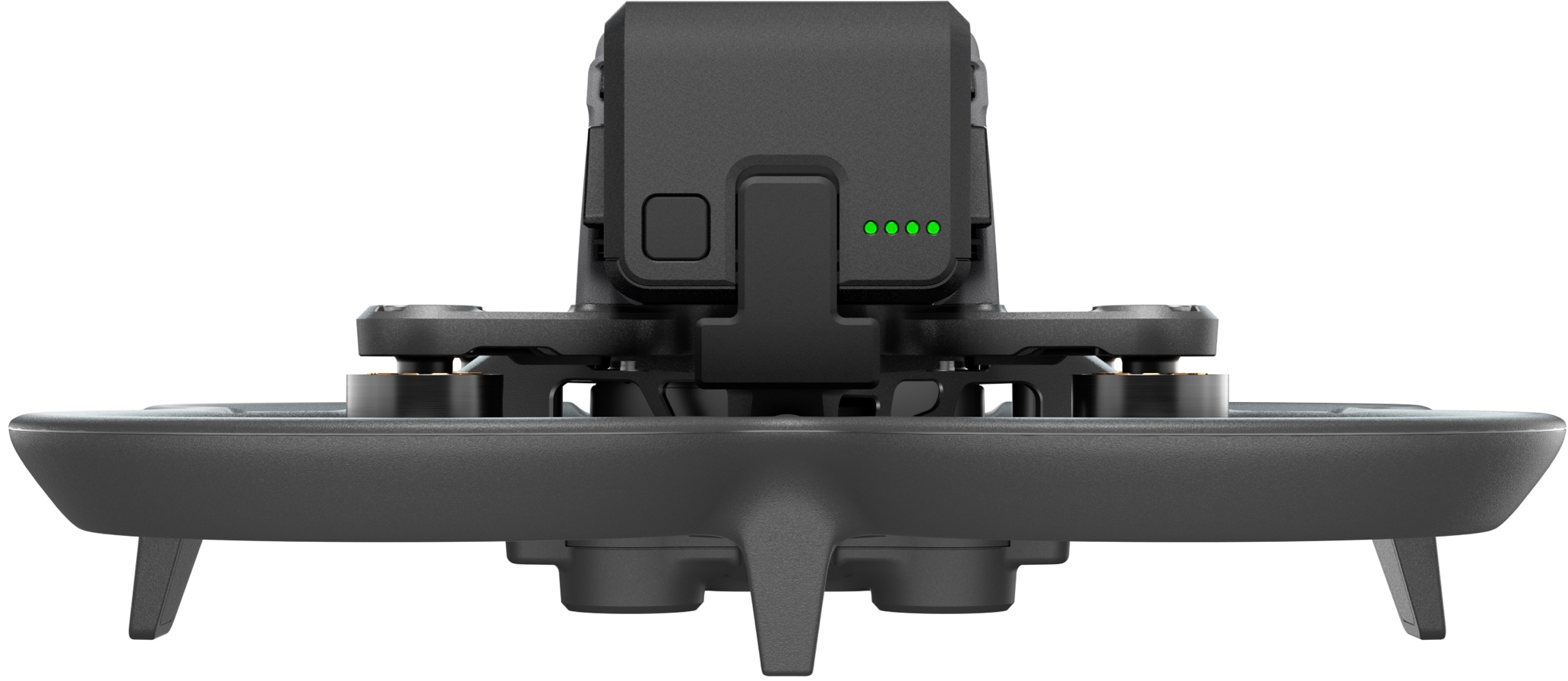 Primo piano di un drone nero con quattro spie LED verdi.