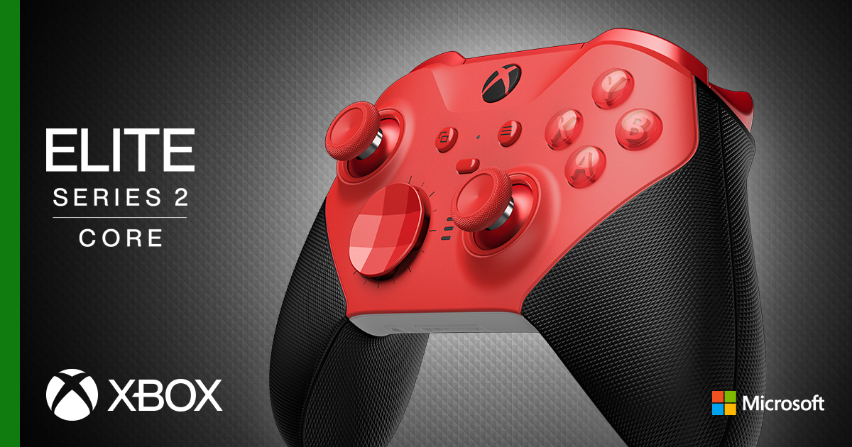 Roter und schwarzer Xbox Elite Series 2 Core Controller, vor dunklem grauem Hintergrund.