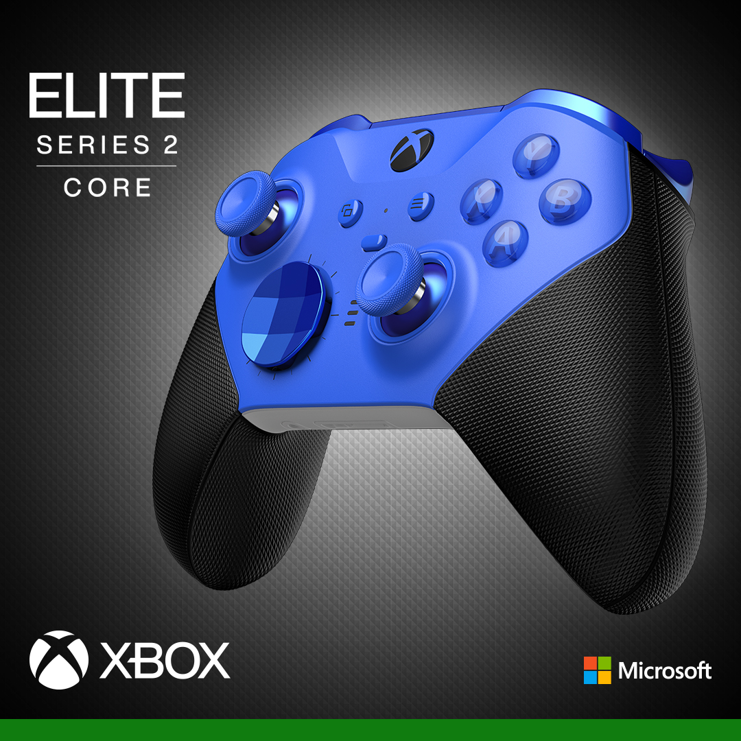 Blauer Xbox Elite Series 2 Core Controller. Mit schwarzen Griffen, Knöpfen und Joysticks.
