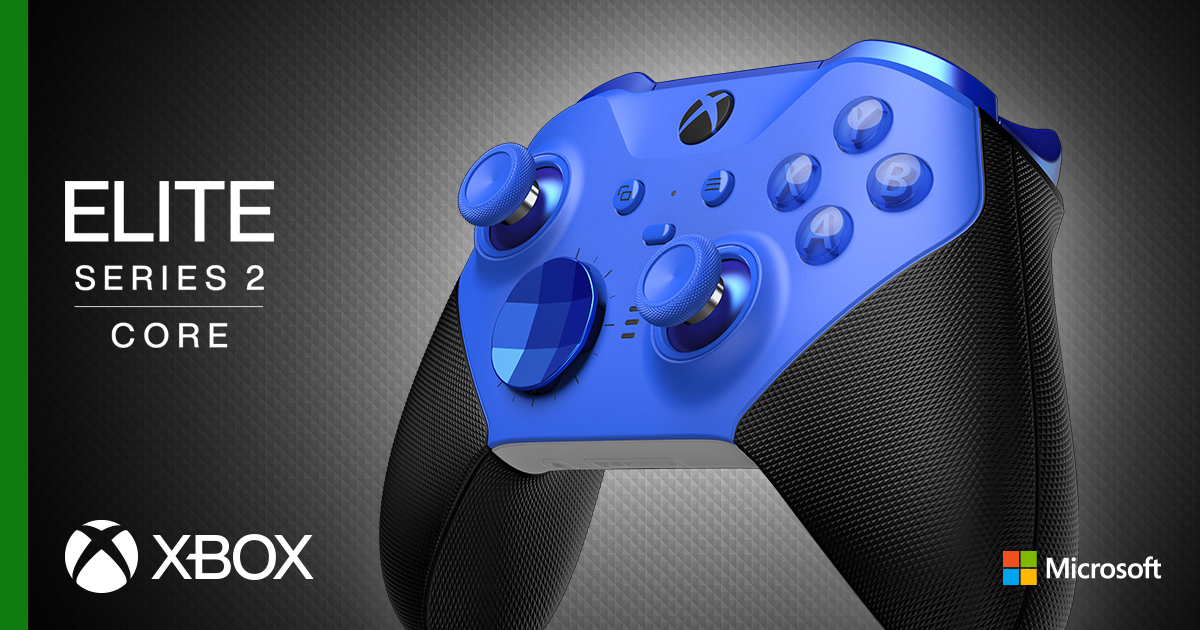 Ein blauer Xbox Elite Series 2 Core Controller auf dunklem Hintergrund.