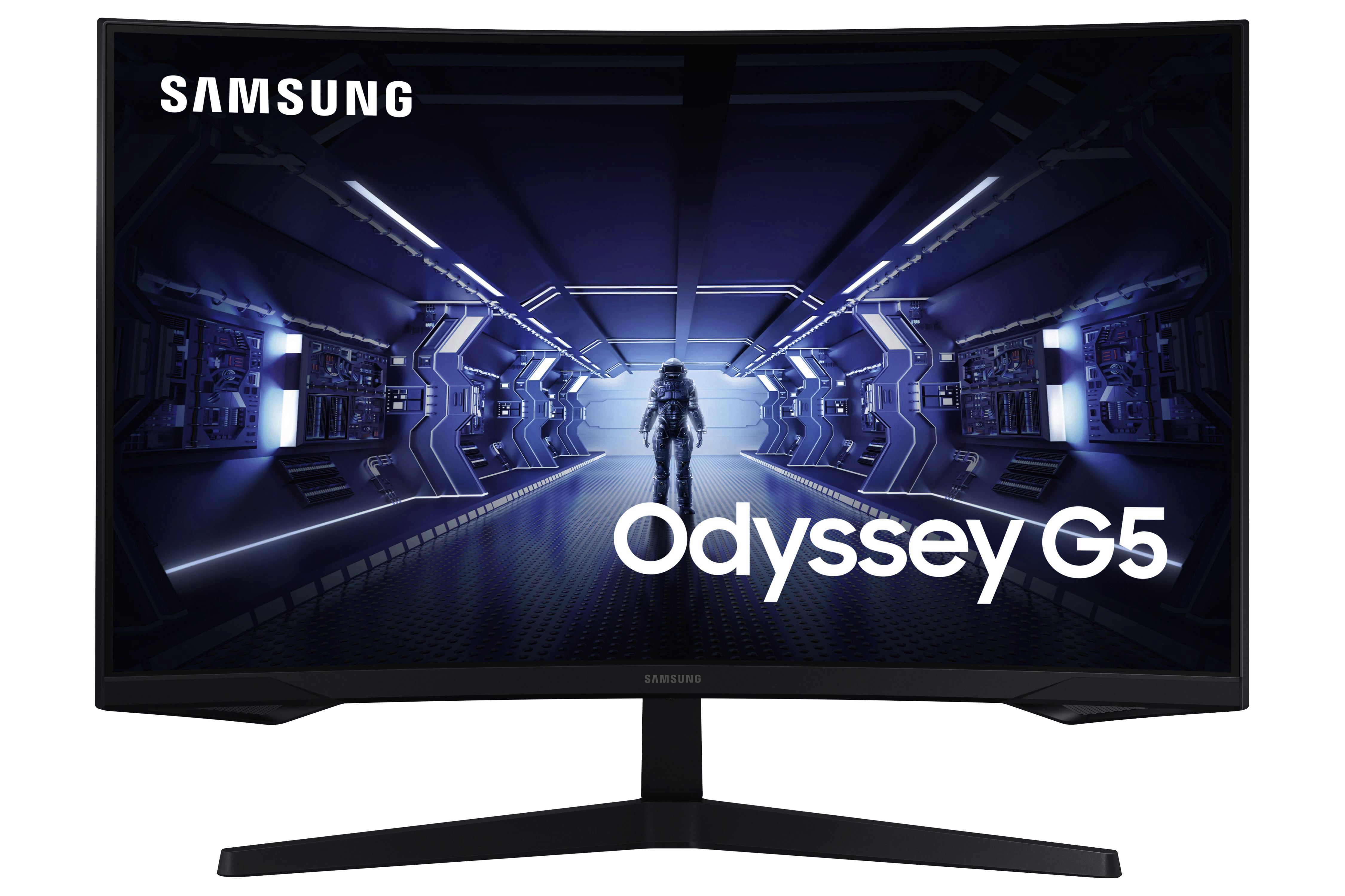 Samsung Odyssey G5 Curved Monitor mit futuristischem Innenraum und Figur.