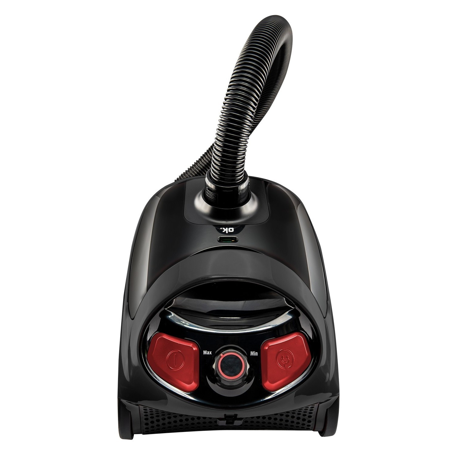 A black vacuum cleaner with a hose. Red buttons with Max and Min are on the front.