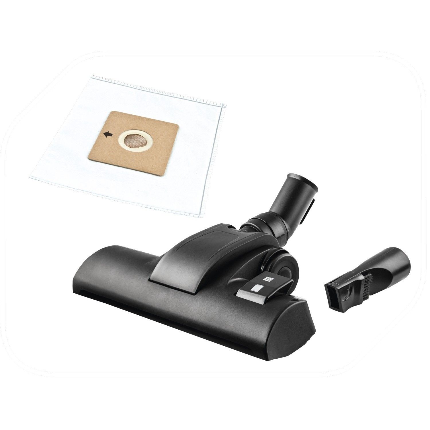 Vacuum cleaner head and bag on a white surface. A smaller attachment is also included.