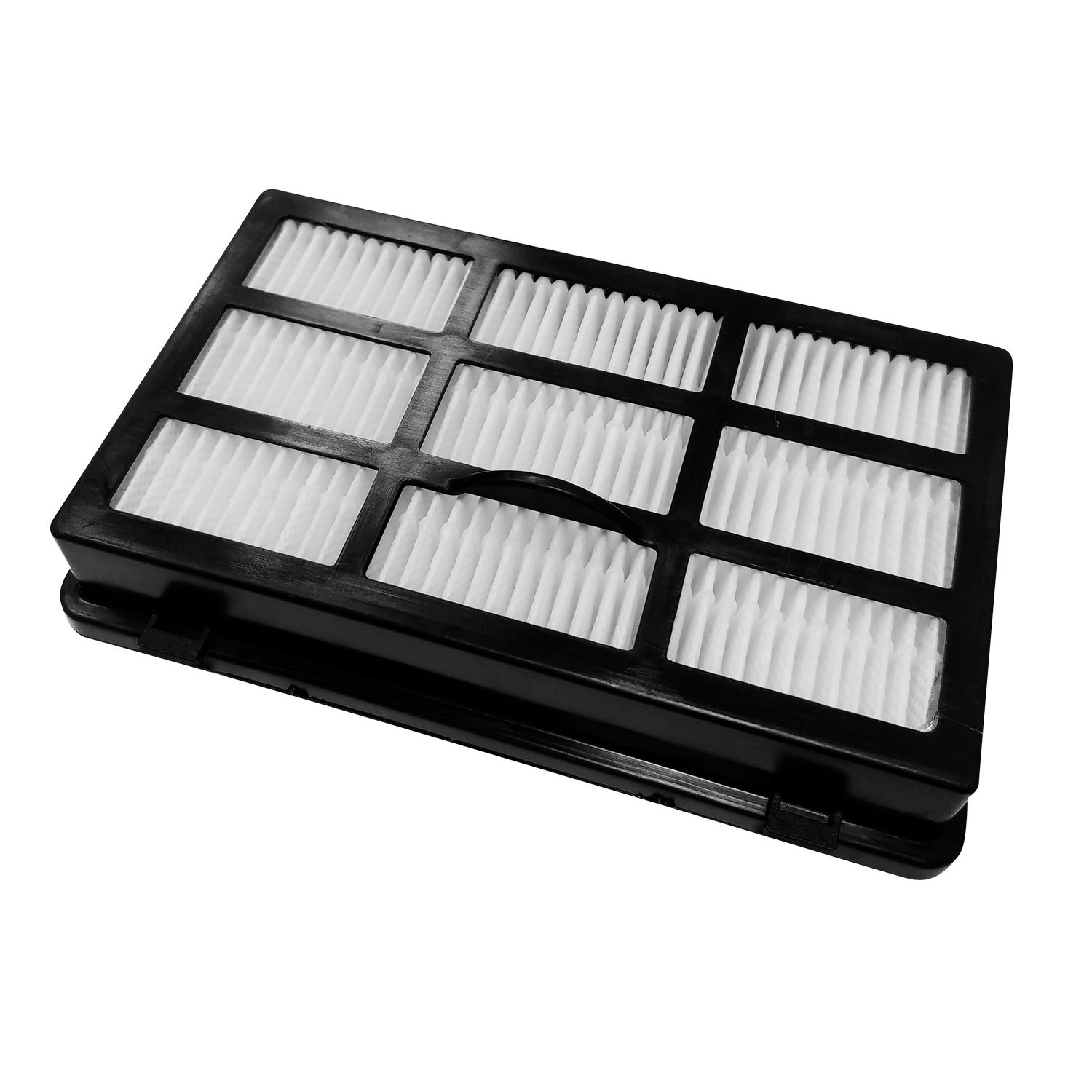 Rectangular vacuum filter. Black frame with white pleated filter material inside.