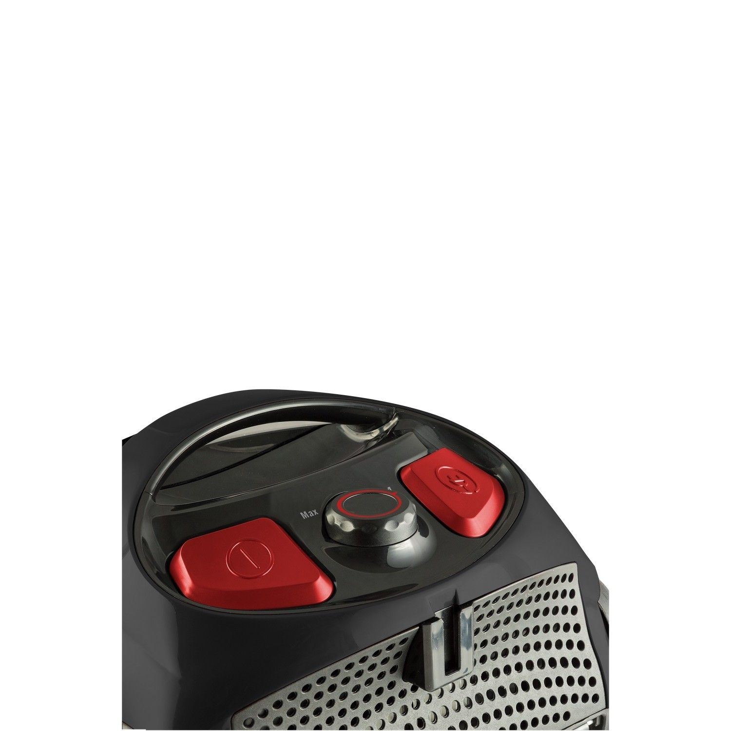 Close-up of a vacuum cleaner's control panel with red buttons on a black surface.