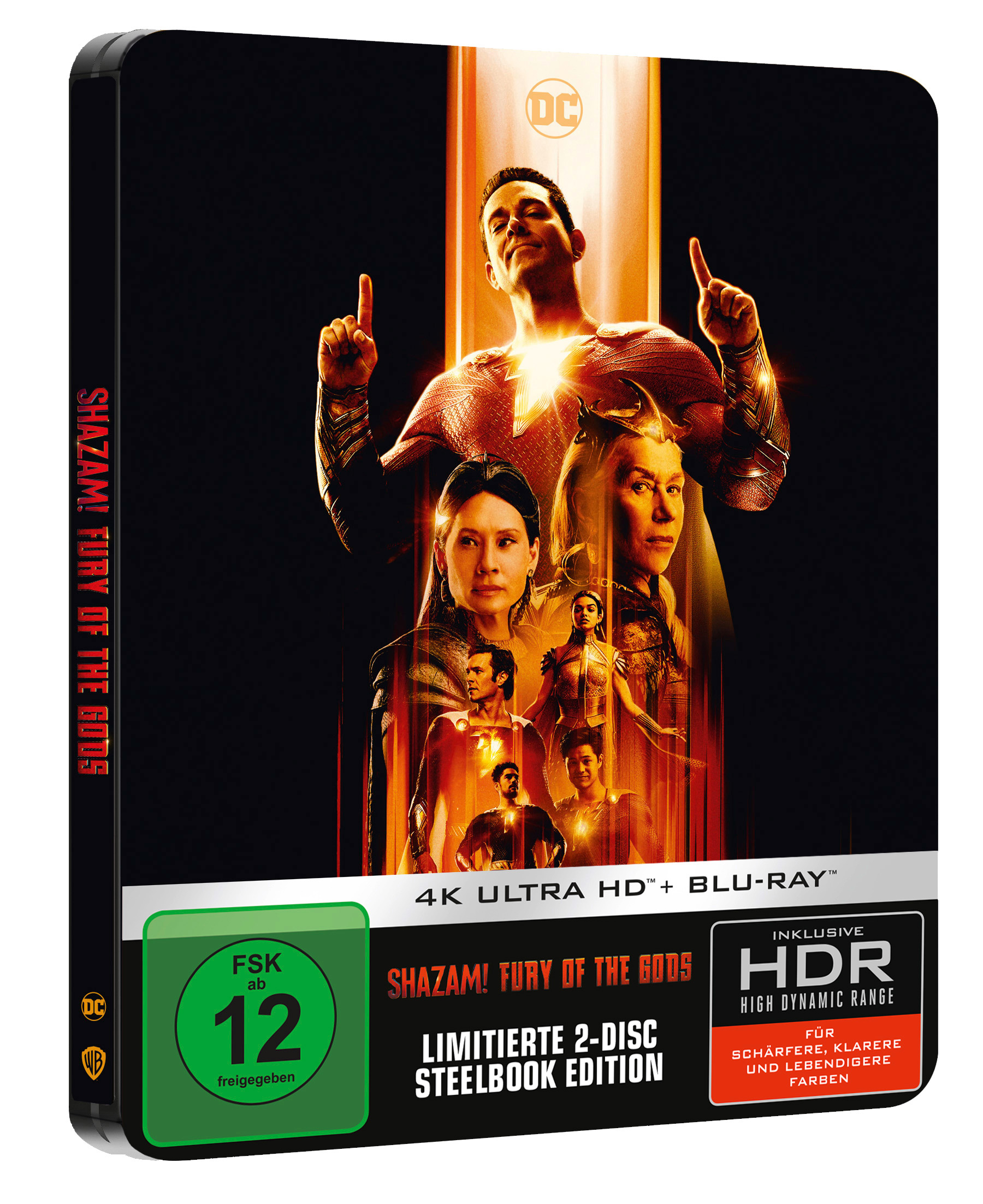 Blu-ray-Box-Art für Shazam! Fury of the Gods. Enthält Schauspieler und Logo.