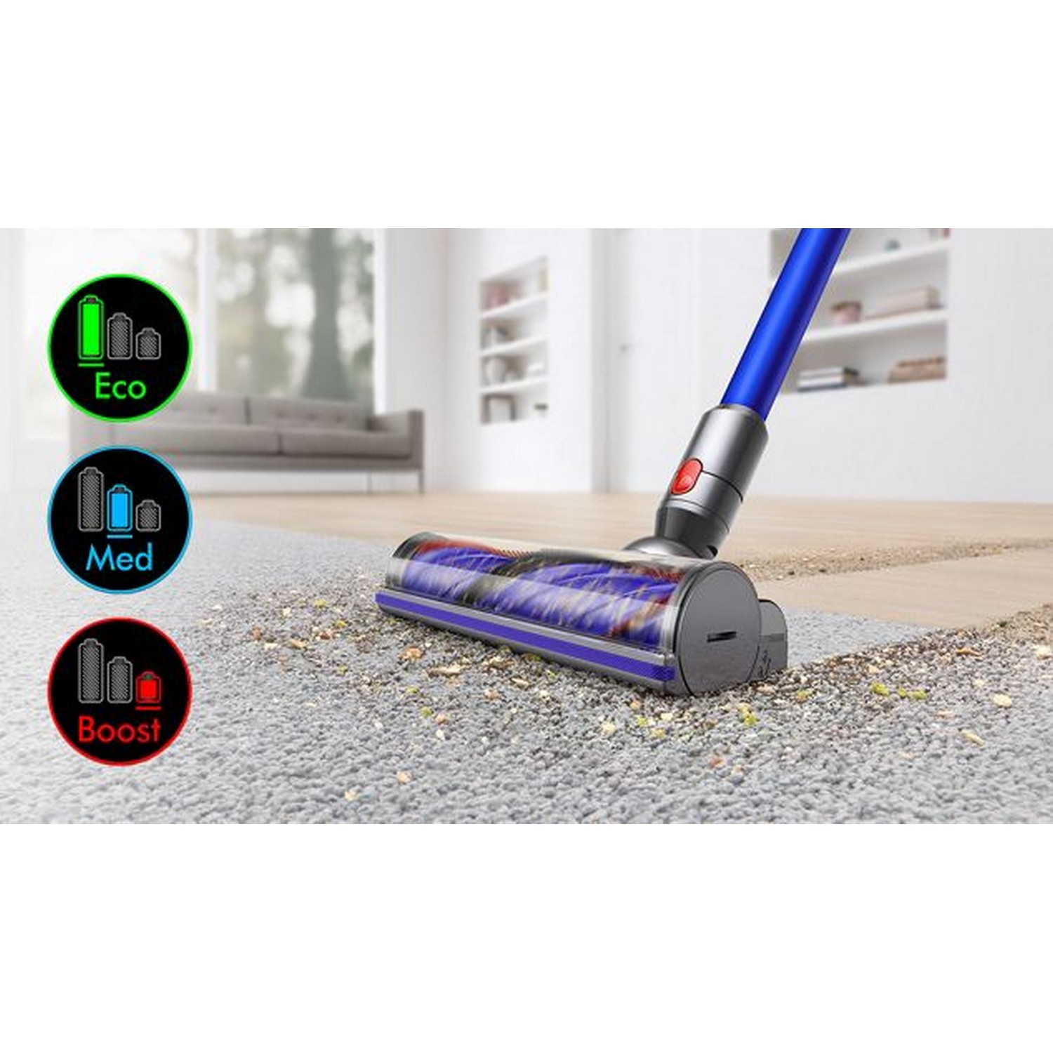 Vacuum cleaner with power settings: Eco, Med, and Boost. Shows cleaning on carpet.