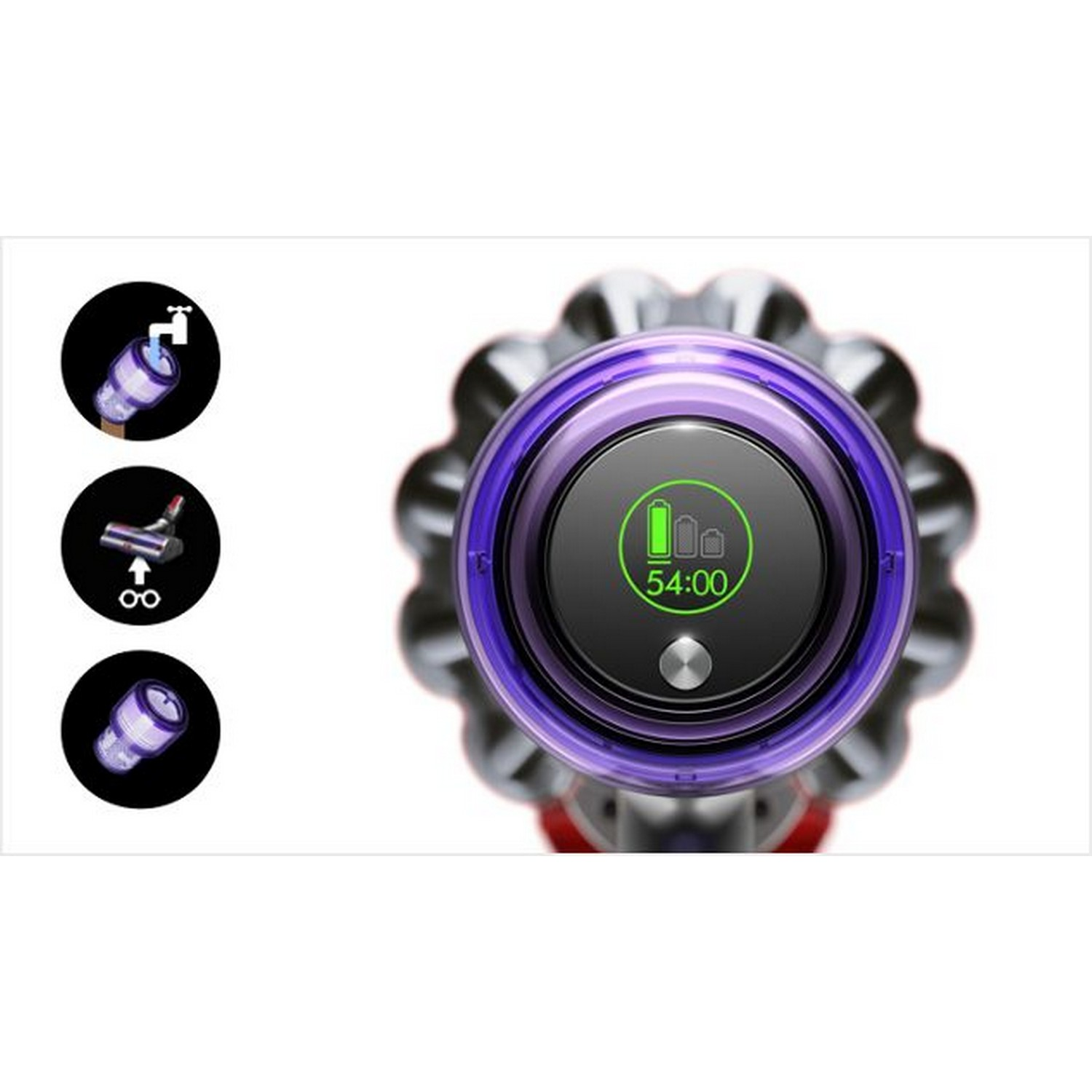 Vacuum cleaner interface. Shows a power button and battery status. Black and purple design.