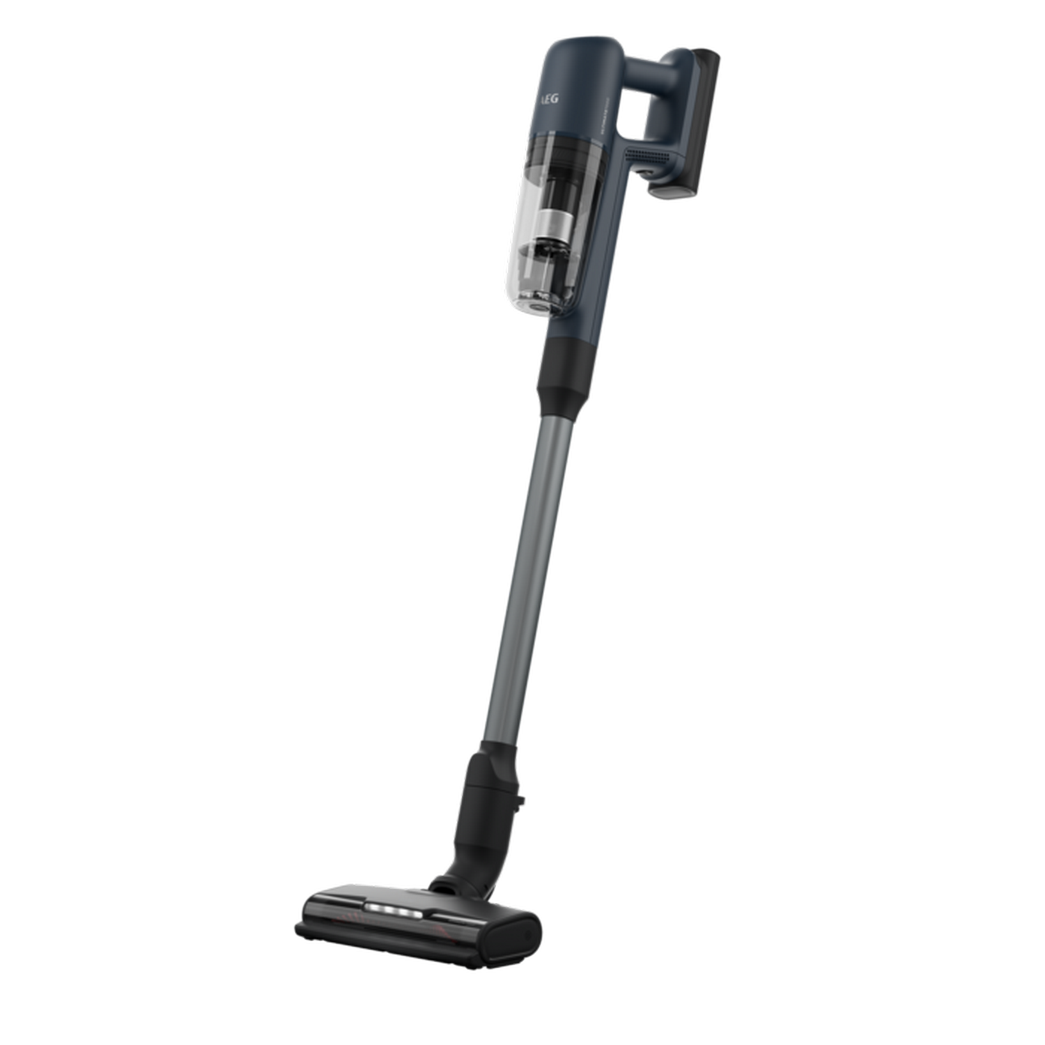 An AEG cordless vacuum cleaner. Dark gray body with a clear dustbin. Angled shot, black background.