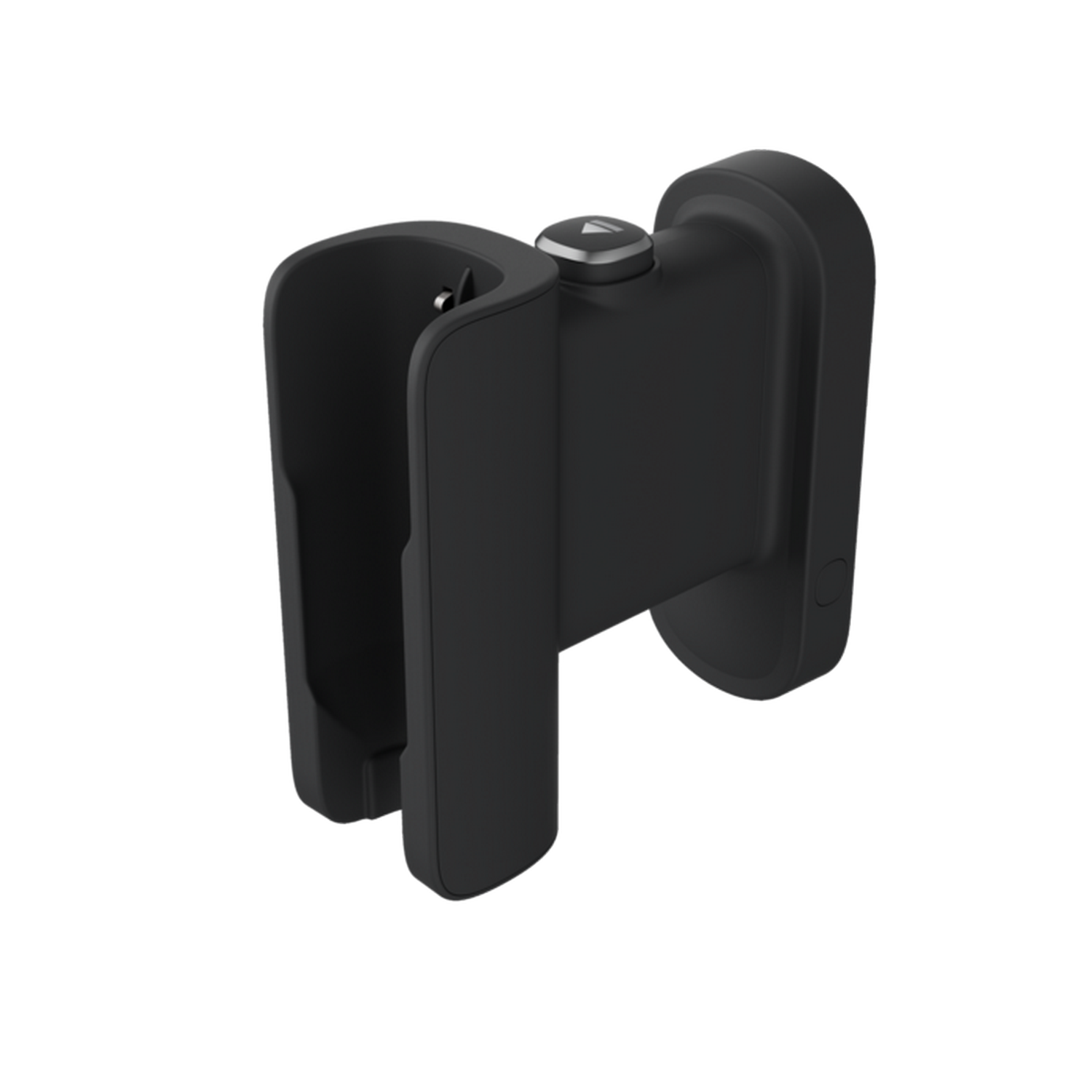 Black metal and plastic wall mount for a device, on a black background.