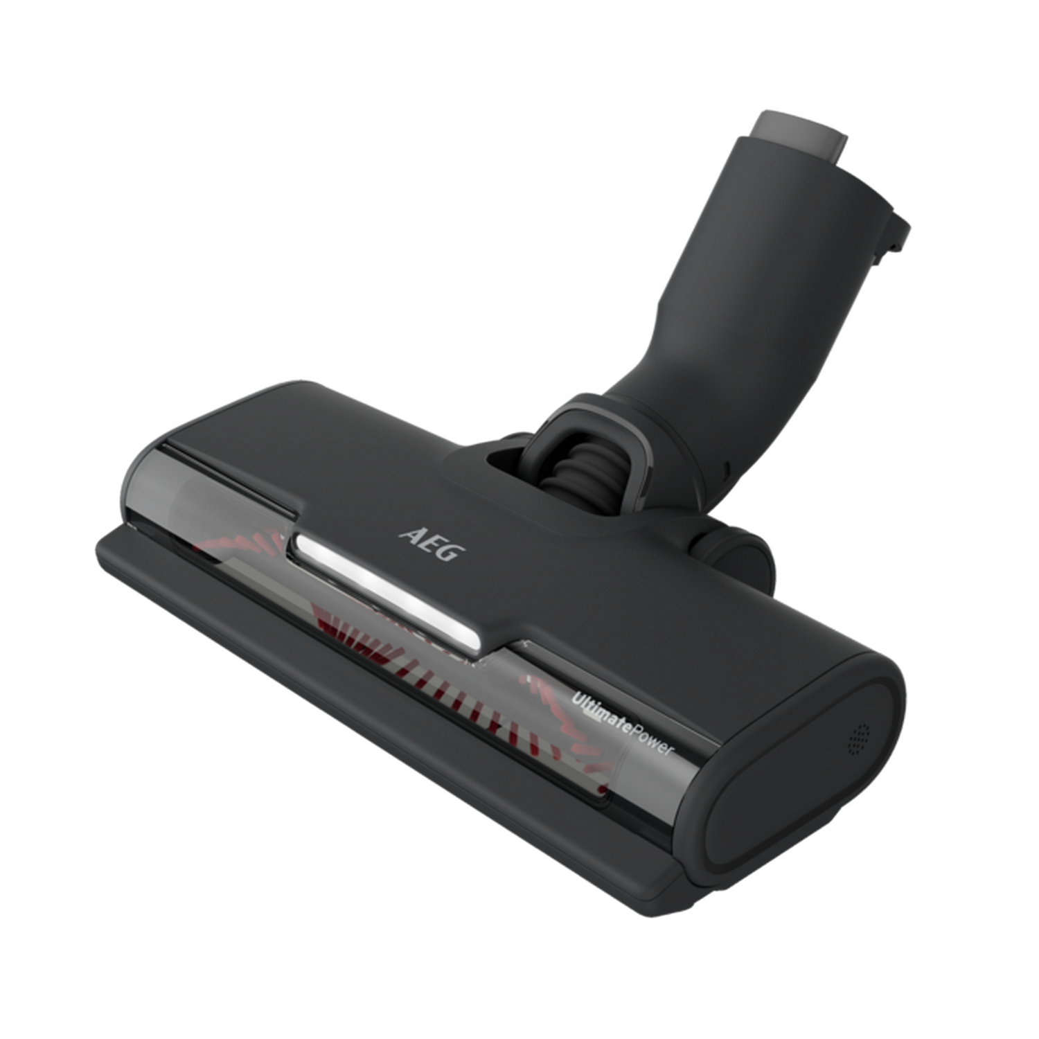 Black vacuum cleaner head with the brand 'AEG' on it. The brush roller is visible.