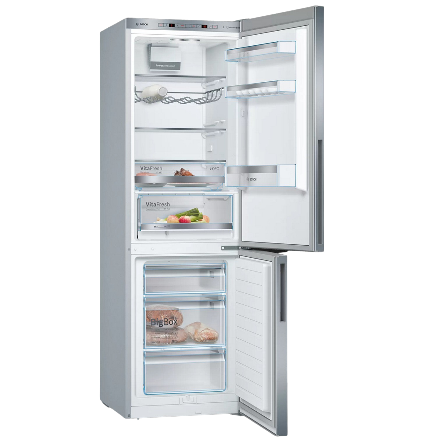 Open koelkast, met schappen, laden met voedsel en een open vriezer.