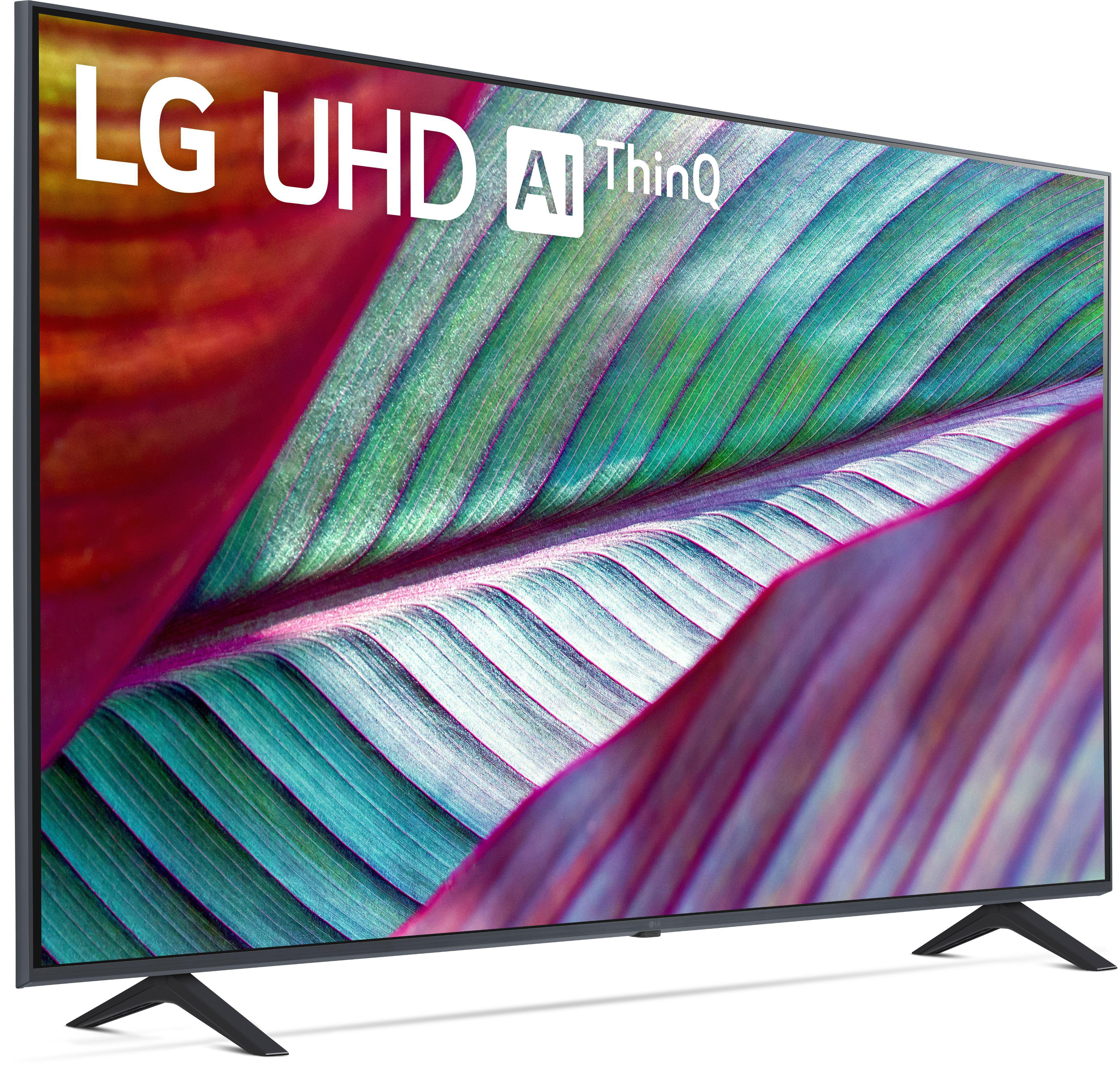 LG UHD AI ThinQ TV mit lebhaftem Blättermuster auf dem Bildschirm, schwarzem Rahmen und Ständer.
