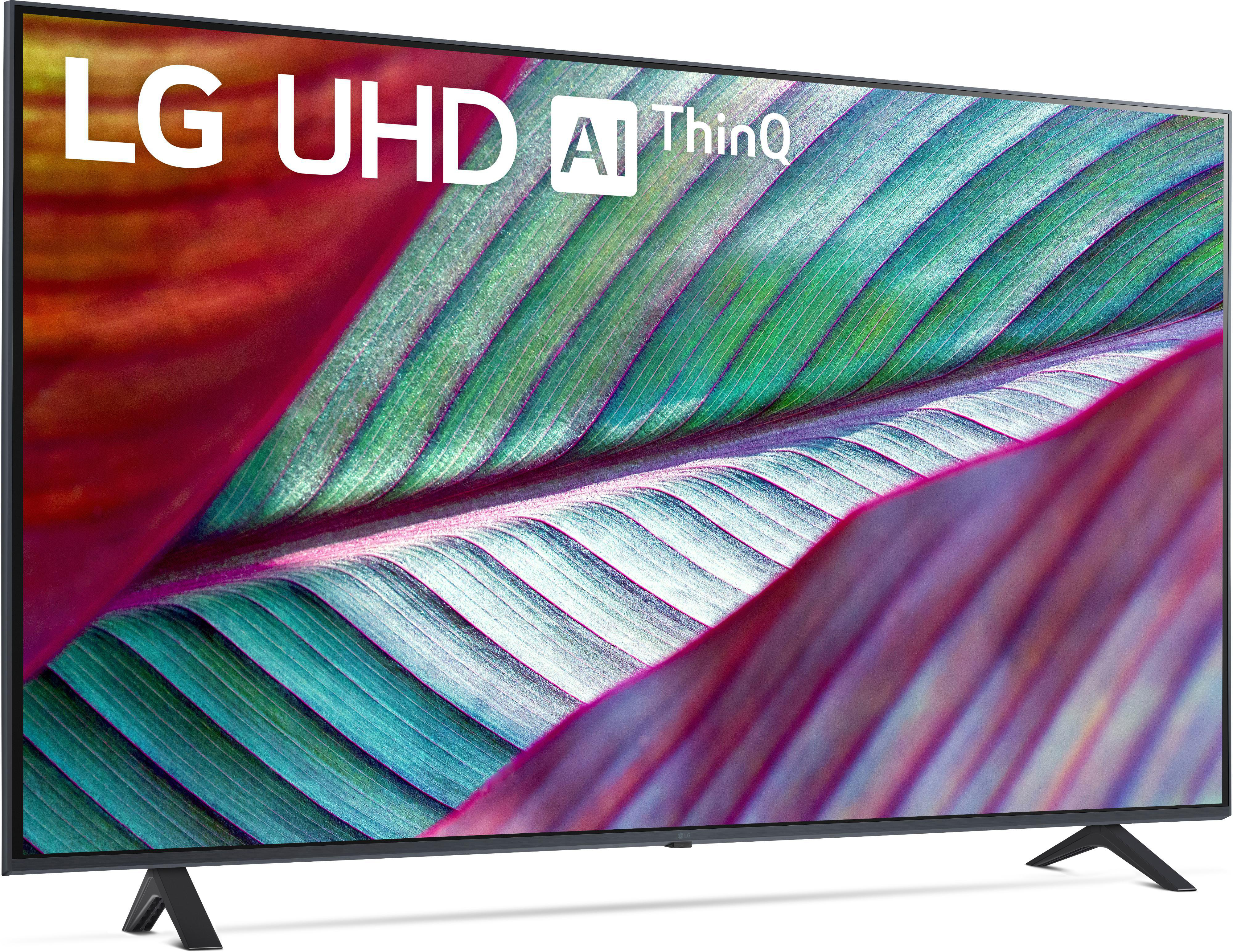LG UHD-Fernseher mit blattähnlichem Muster auf weißem Hintergrund.