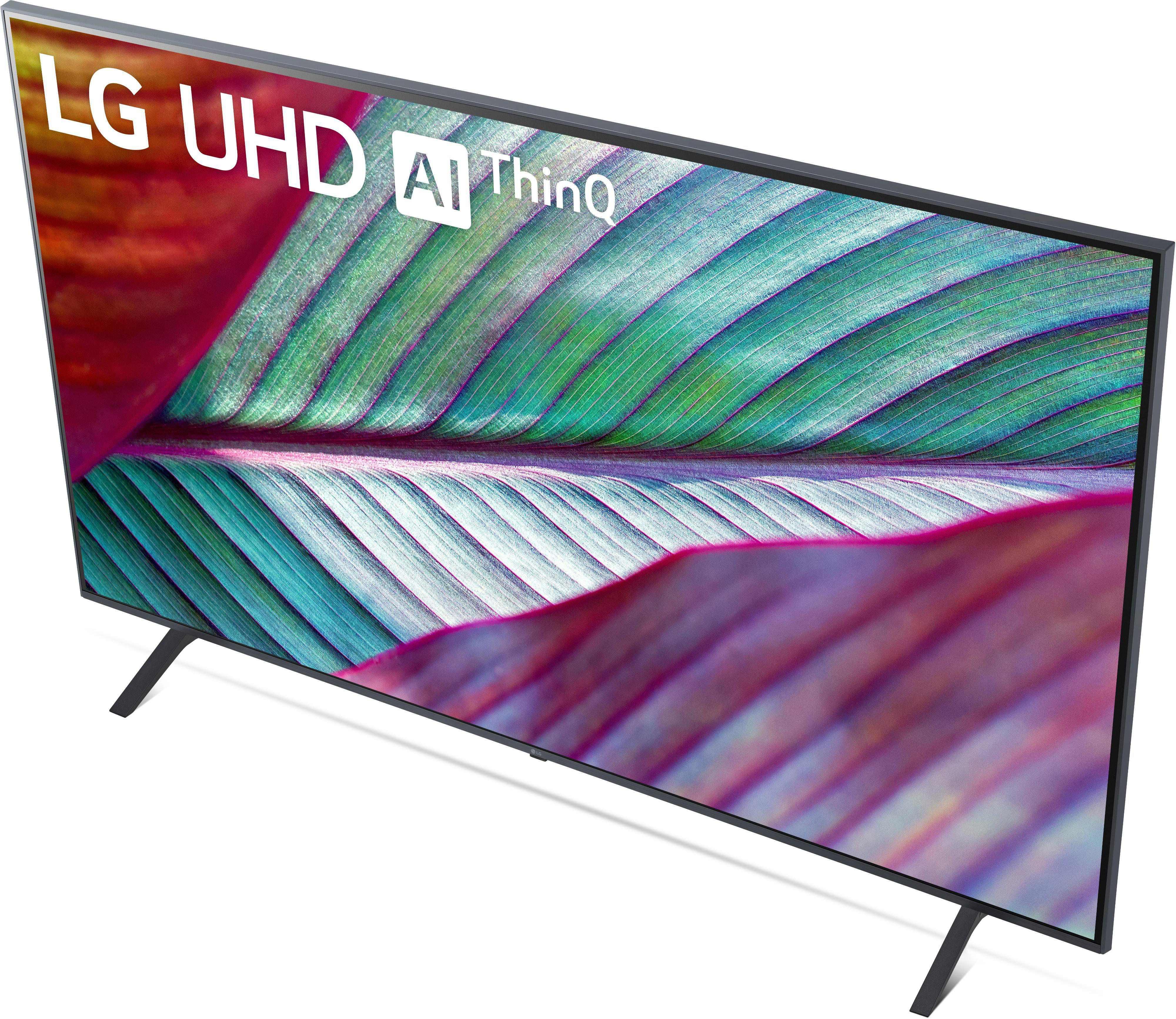 Draufsicht auf einen LG UHD AI ThinQ Fernseher, der ein Blattmuster anzeigt.