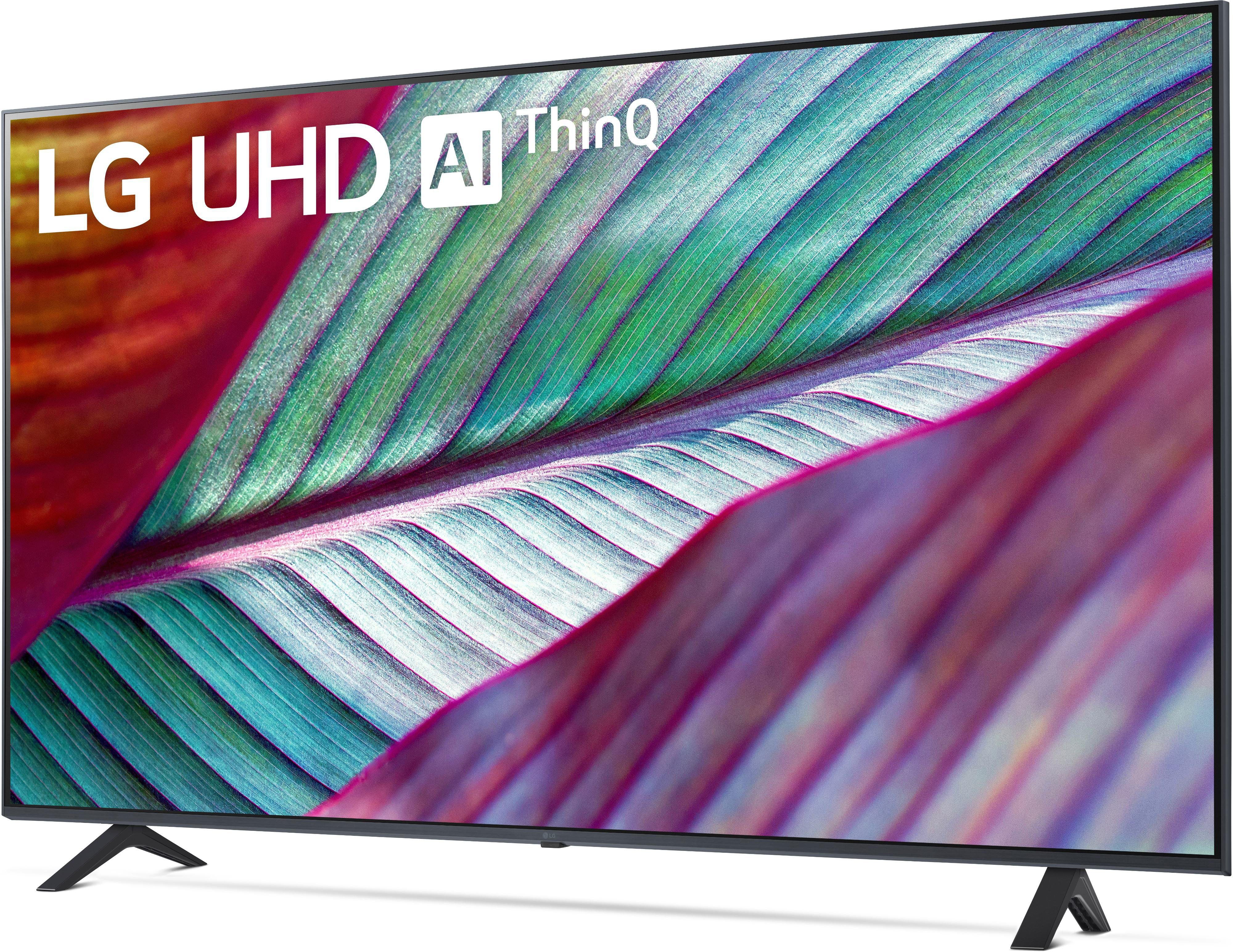 LG UHD AI ThinQ TV. Großer Bildschirm mit lebendigem, abstraktem, blattartigem Muster.