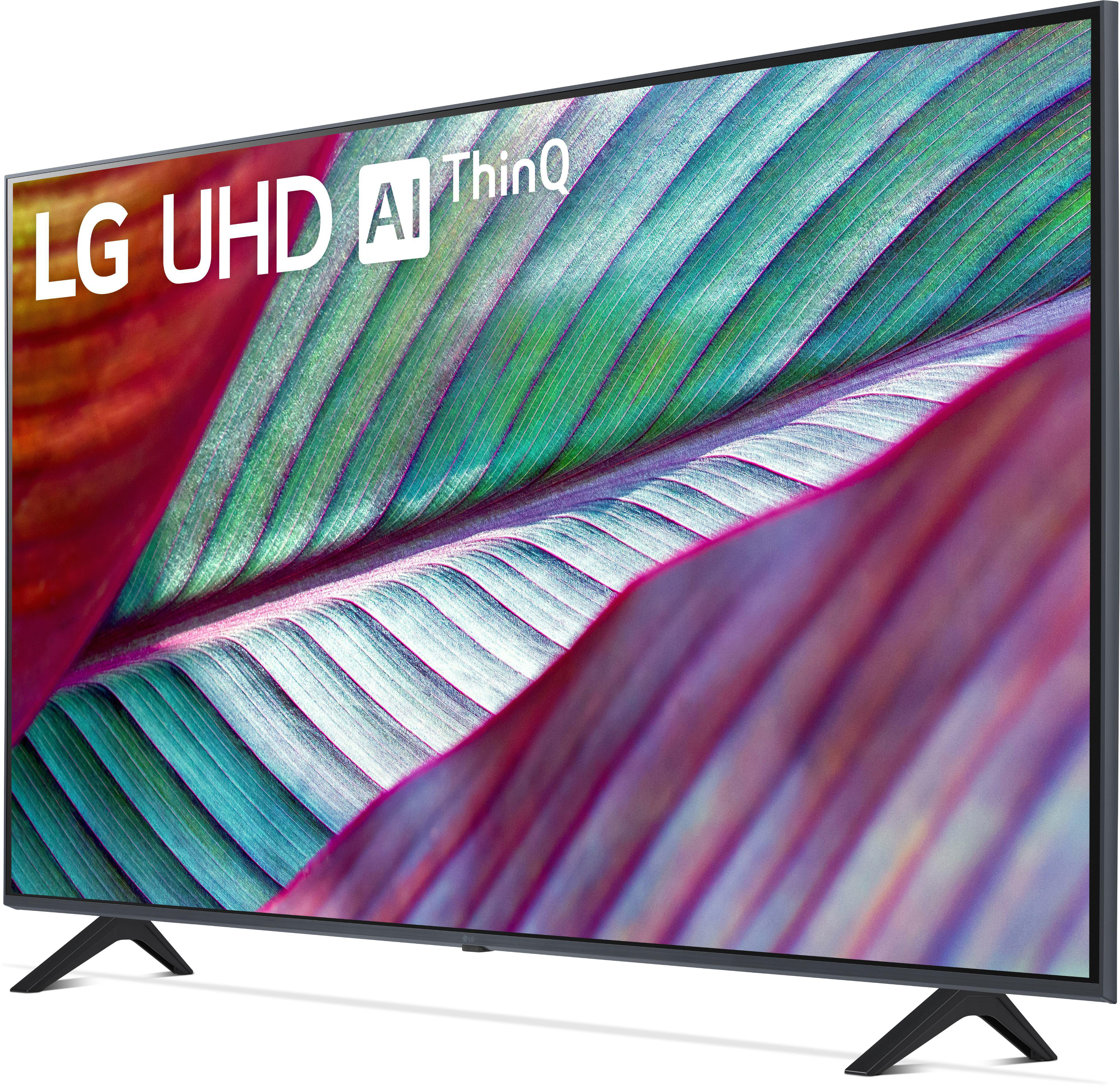 Ein großer Flachbildfernseher mit einem bunten Blattmuster auf dem Bildschirm und der Marke LG.