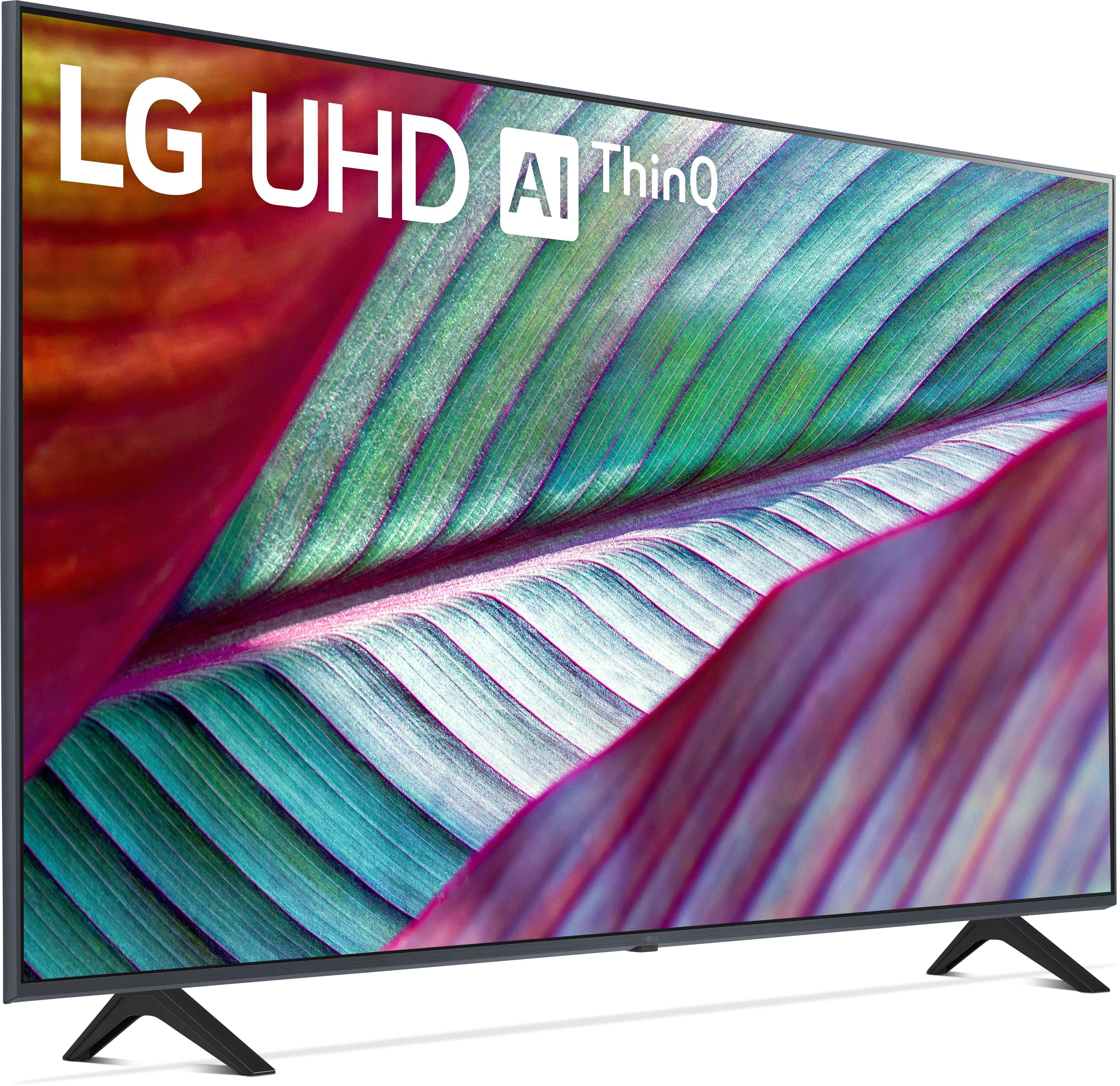 Ein LG UHD AI ThinQ TV, der ein abstraktes Design mit roten, grünen und violetten Farbtönen zeigt.
