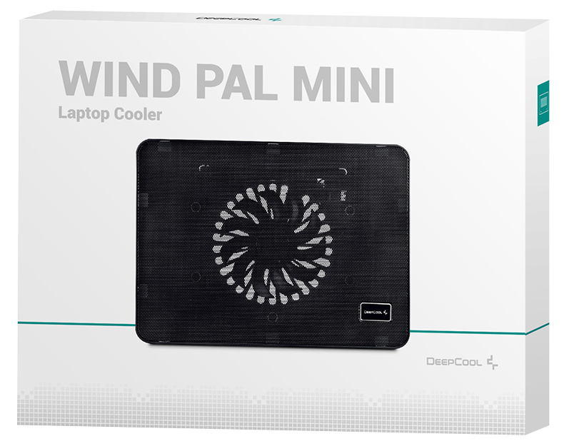 Egy fehér doboz a WIND PAL MINI felirattal. Egy laptop hűtő van benne. A szöveg fehér.