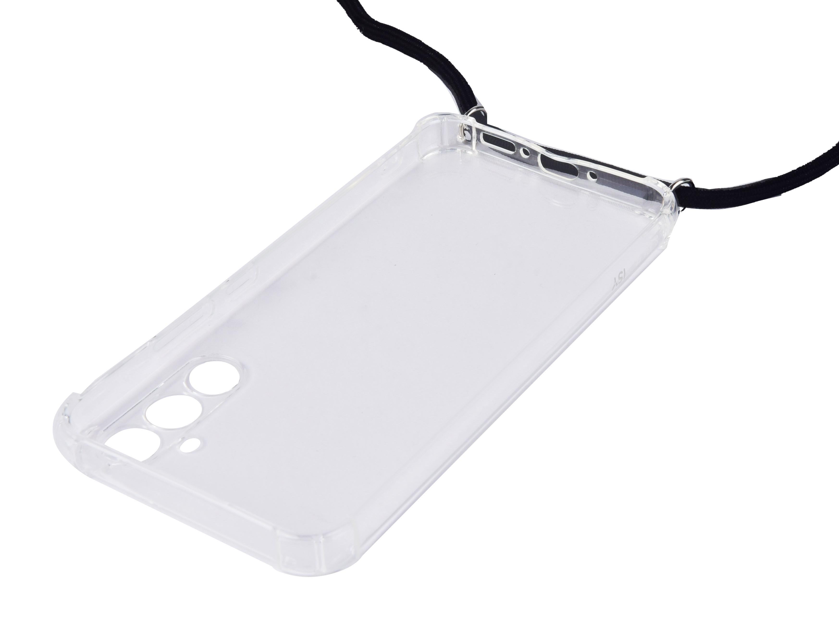 Transparente Handyhülle mit schwarzem Lanyard. Die Hülle hat einen Ausschnitt für die Kamera.