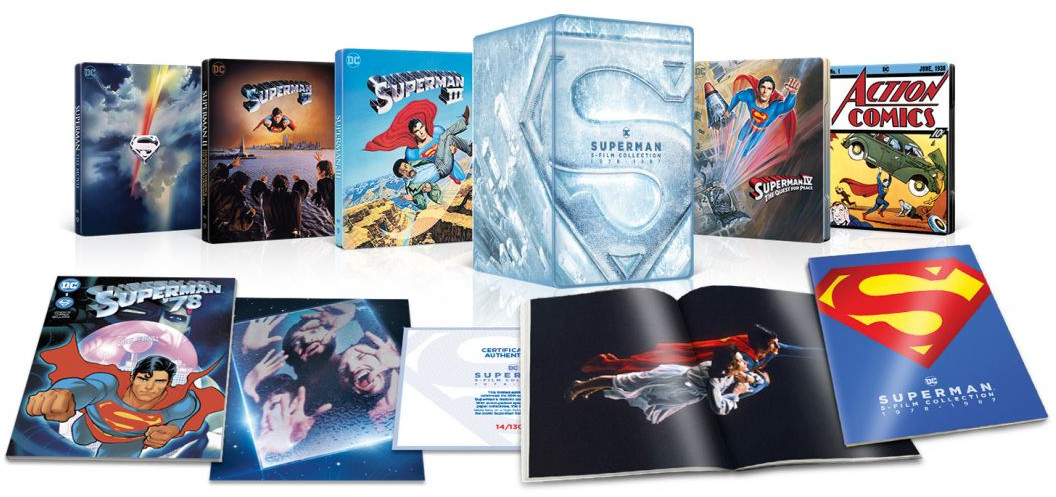 Collection de films Superman avec différentes couvertures et un coffret collector. Livres, bandes dessinées et Blu-ray inclus.