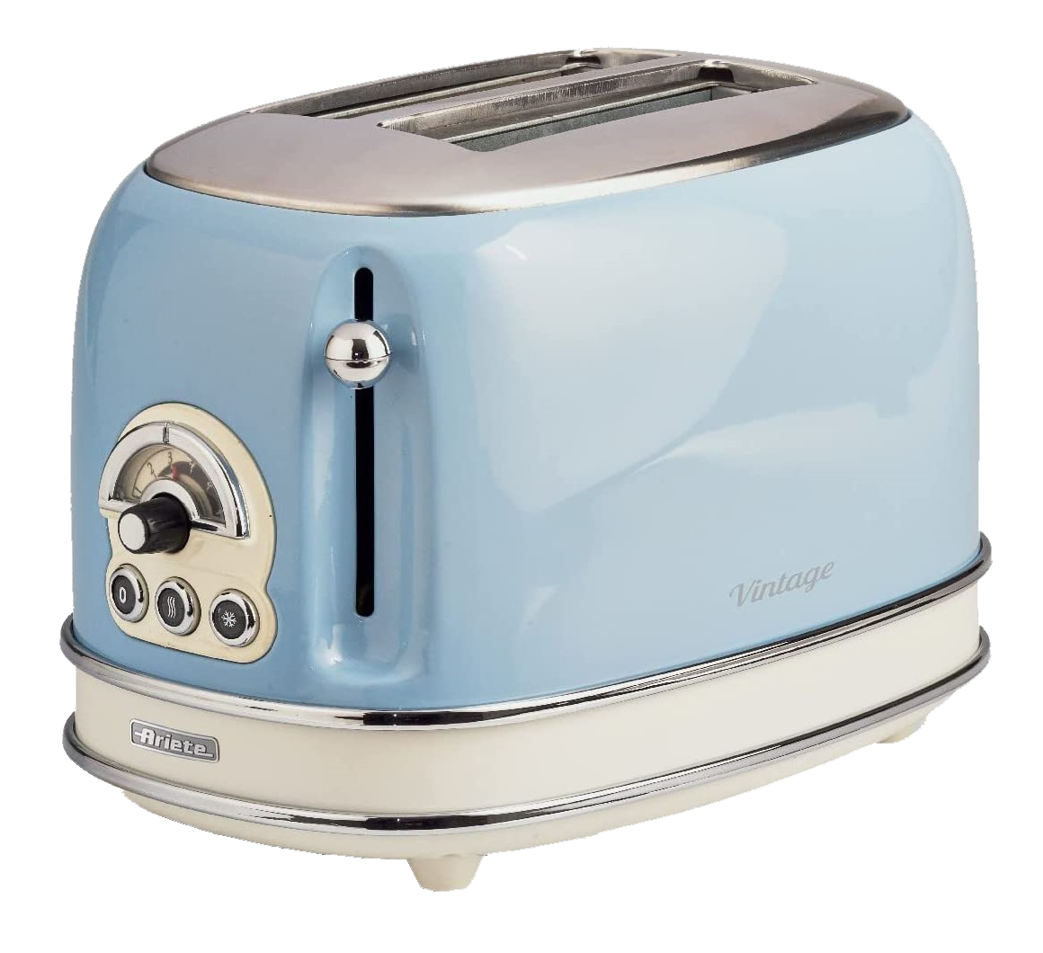 Ein hellblauer Retro-Toaster mit silbernen Akzenten. Er hat ein Rad und Knöpfe.