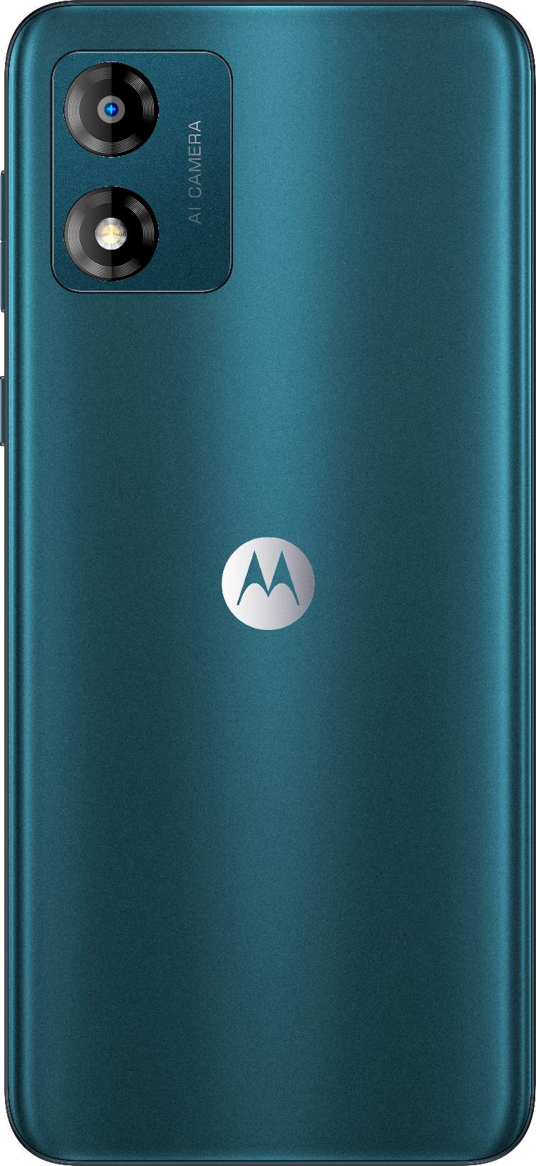 Zöld okostelefon hátlapja, dupla kamerával, AI logóval, Motorola logóval.