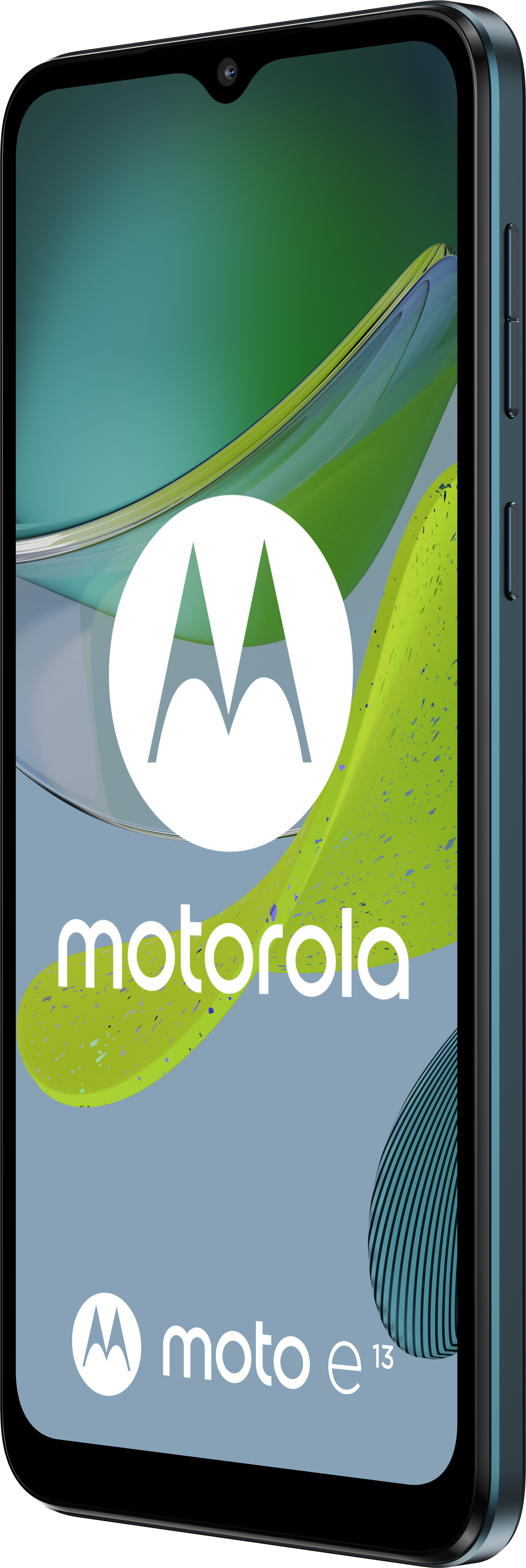Türkiz Motorola telefon a logóval a képernyőn. A telefon sötét kerettel rendelkezik.