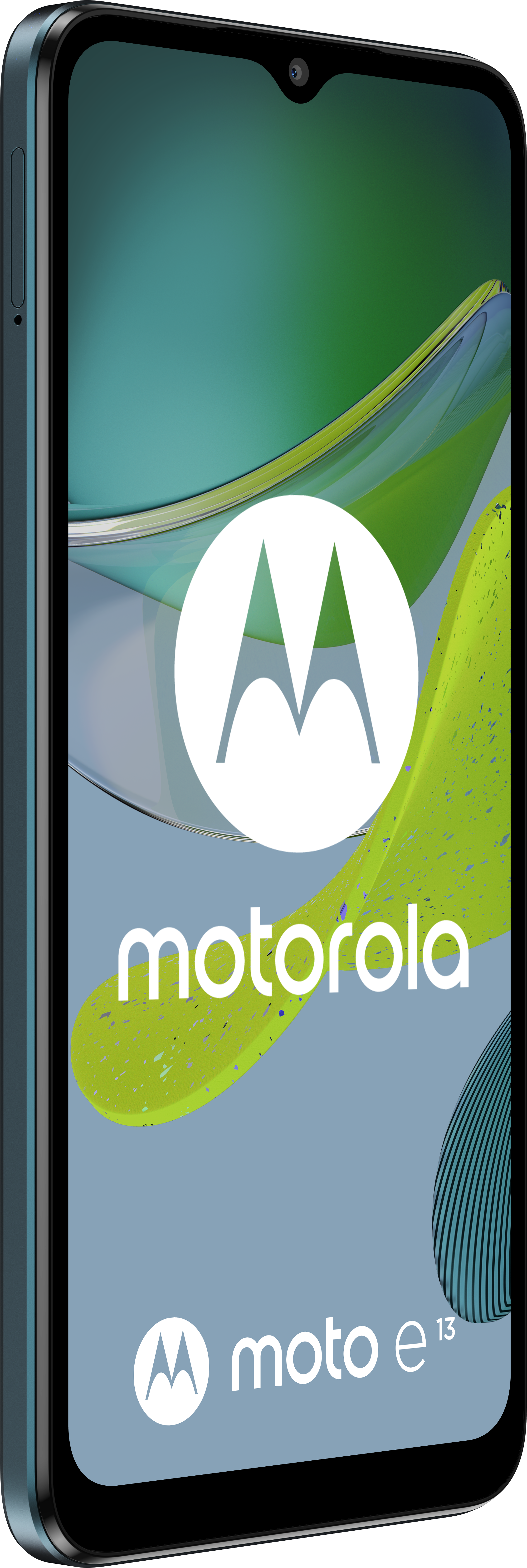 Egy Motorola Moto e13 okostelefon közeli képe, türkizkék, a képernyőt mutatva.