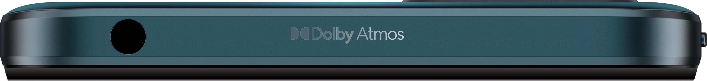 Egy türkiz színű telefon aljának közeli képe, fejhallgató-csatlakozóval és Dolby Atmos-szal.