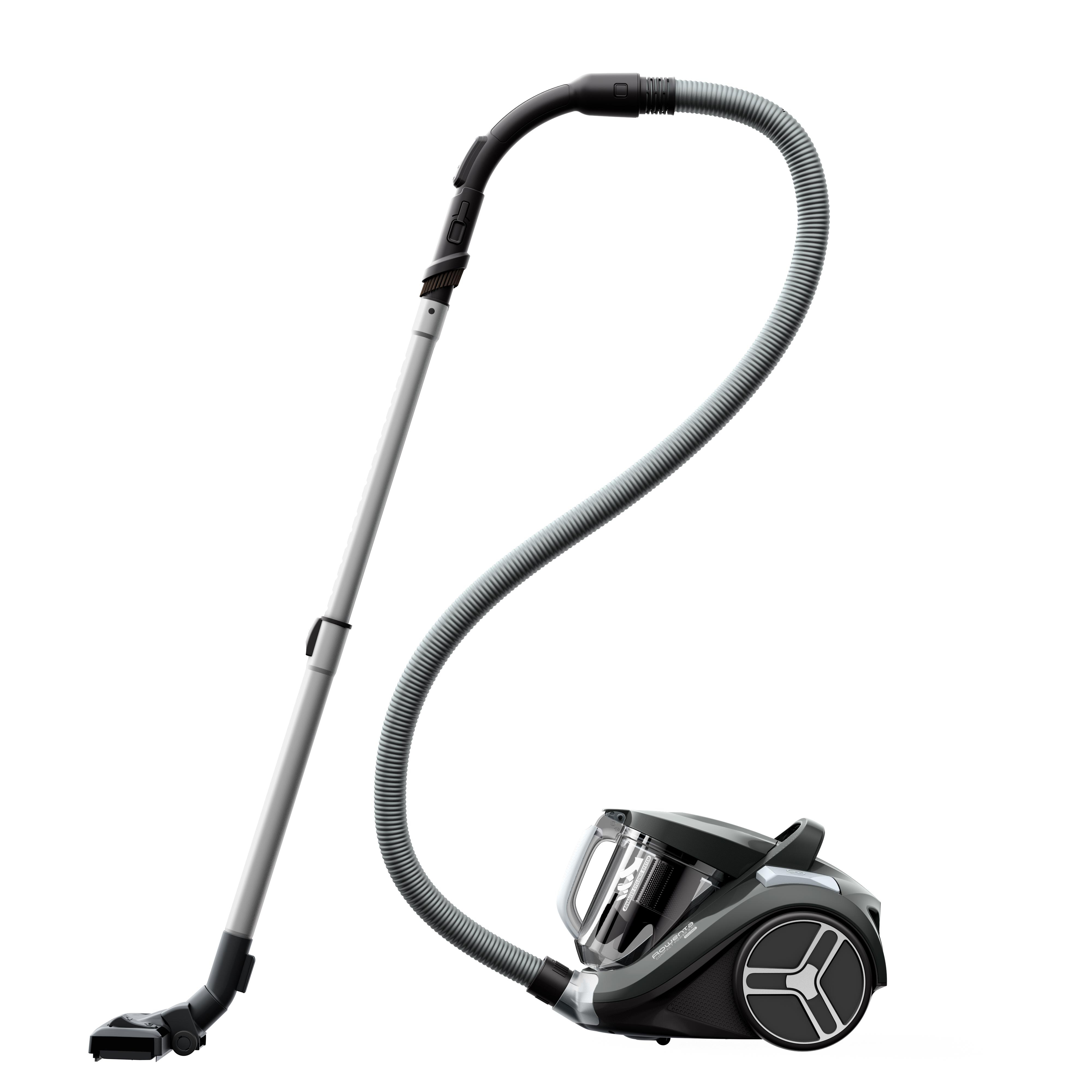 Staubsauger. Er hat einen grauen Schlauch und einen schwarzen Körper mit transparentem Staubbehälter.