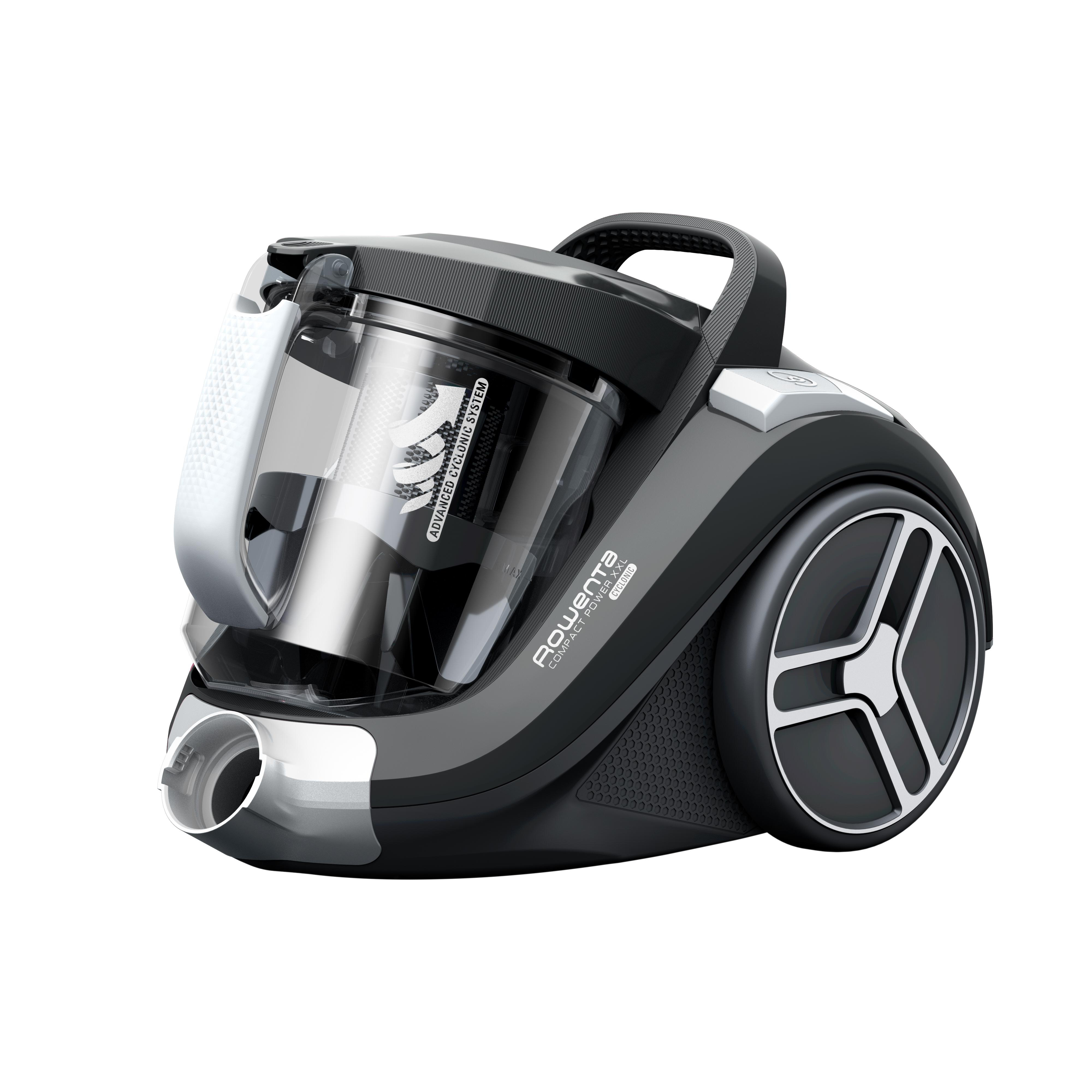 Ein schwarz-grauer Staubsauger mit transparentem Staubbehälter.