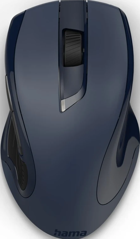 Une souris d'ordinateur bleu foncé avec une molette de défilement et des boutons.