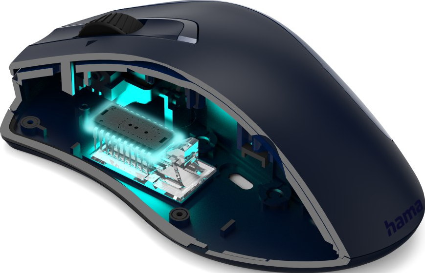 Coupe d'une souris de jeu bleue et noire, montrant les composants internes.