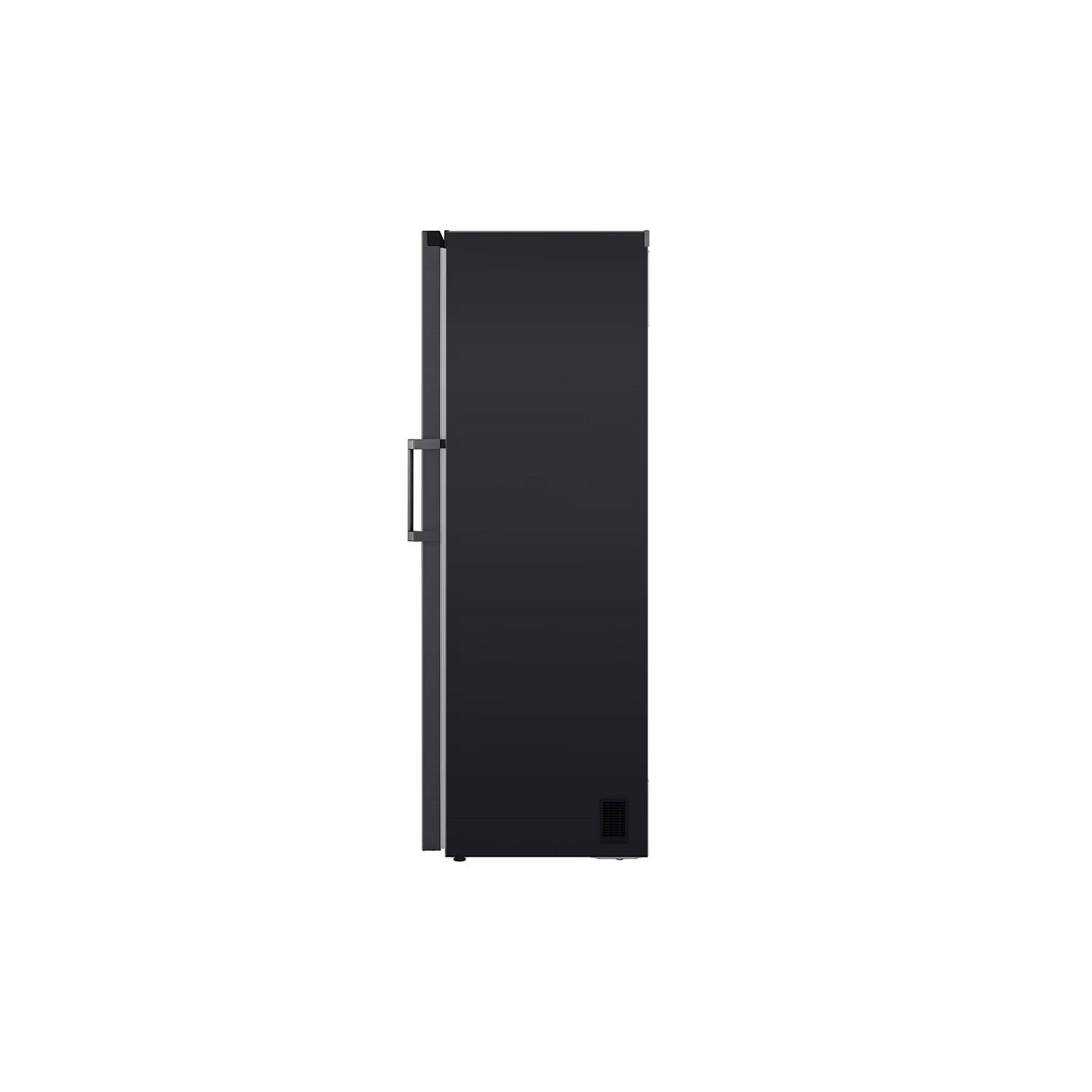 Réfrigérateur noir de côté. Il a une porte et une poignée. Le fond est clair.