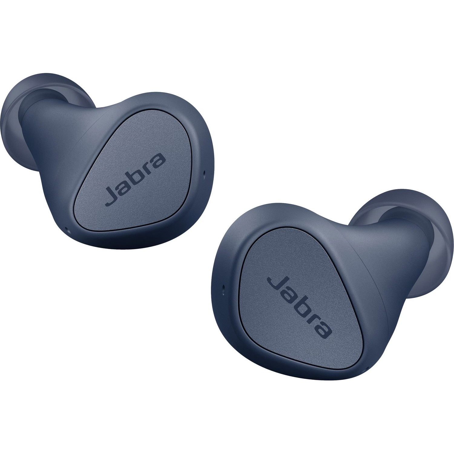 Deux écouteurs Jabra bleu foncé, avec le logo Jabra, sur fond blanc.