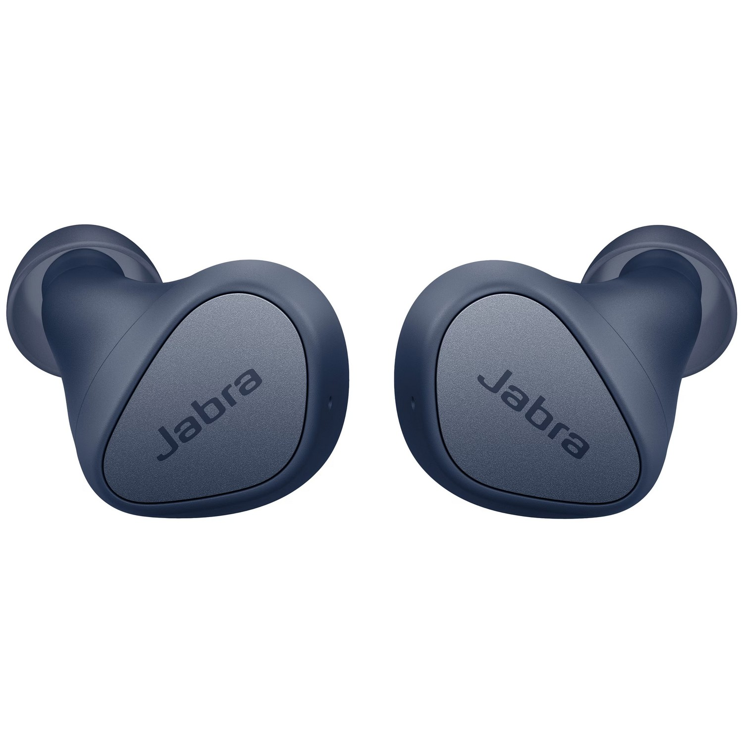 Deux écouteurs Jabra bleus, chacun avec le logo Jabra, vus d'en haut.