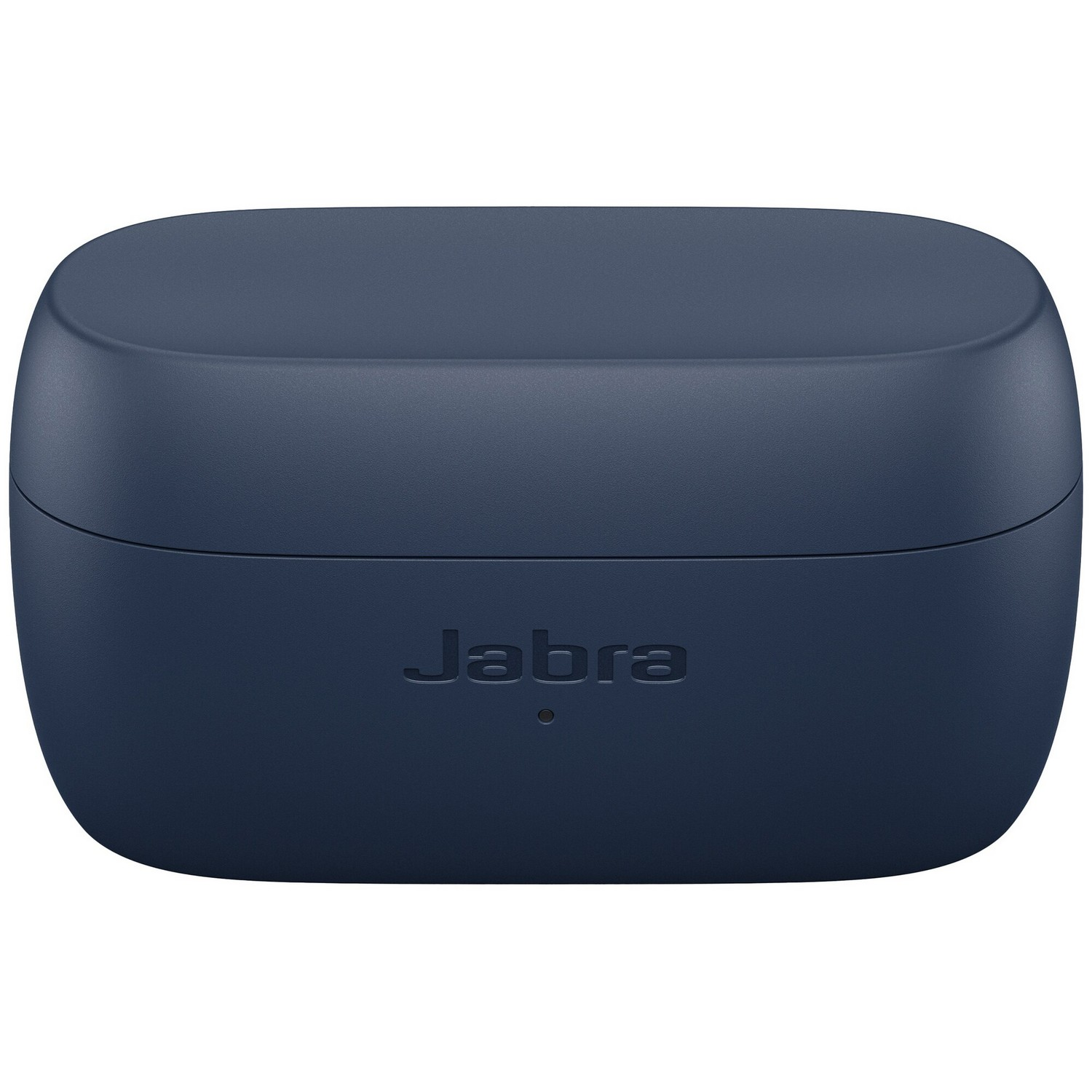 Boîtier de chargement d'écouteurs Jabra bleu foncé. Logo Jabra visible.