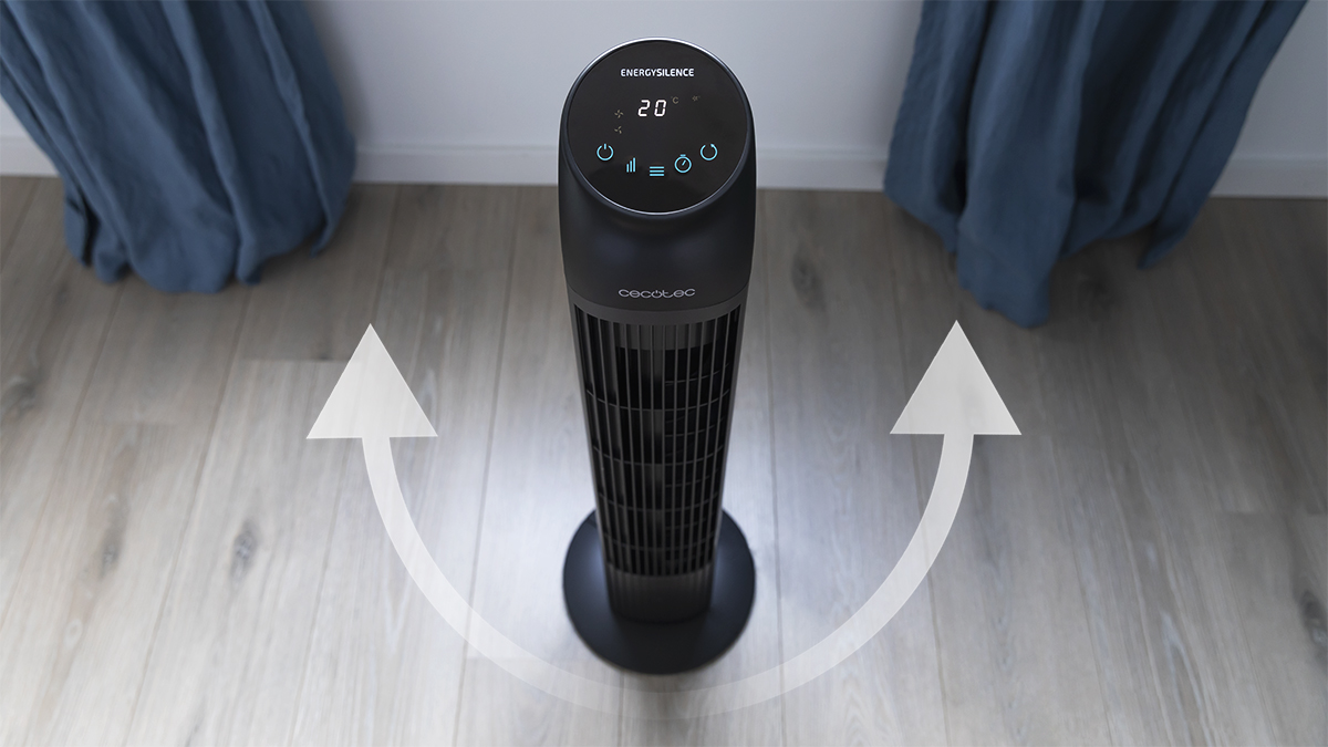Un ventilador negro con pantalla digital. Flechas muestran la dirección de rotación del ventilador.
