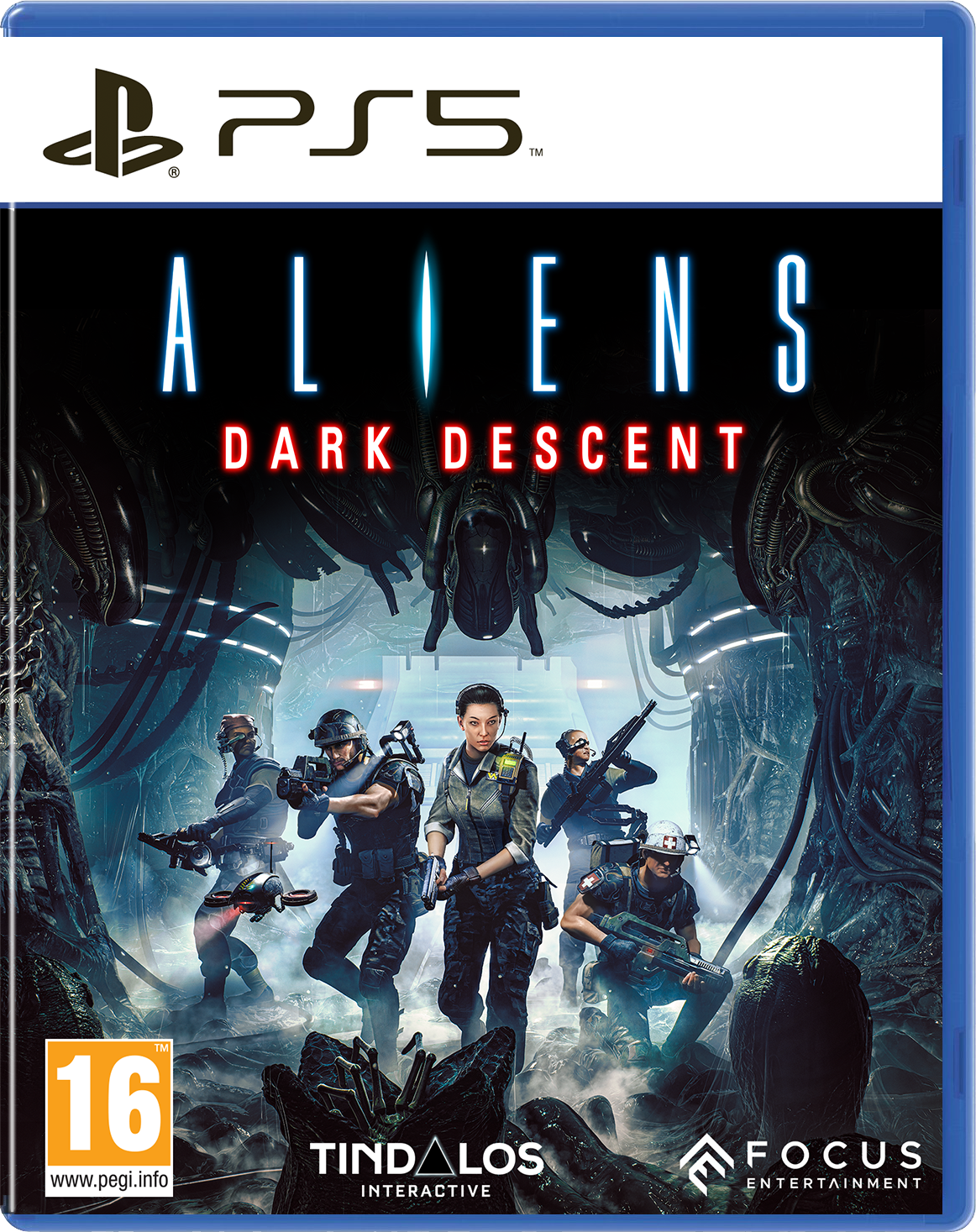 Couverture du jeu : Aliens: Dark Descent, avec des soldats, un alien et des détails du jeu.