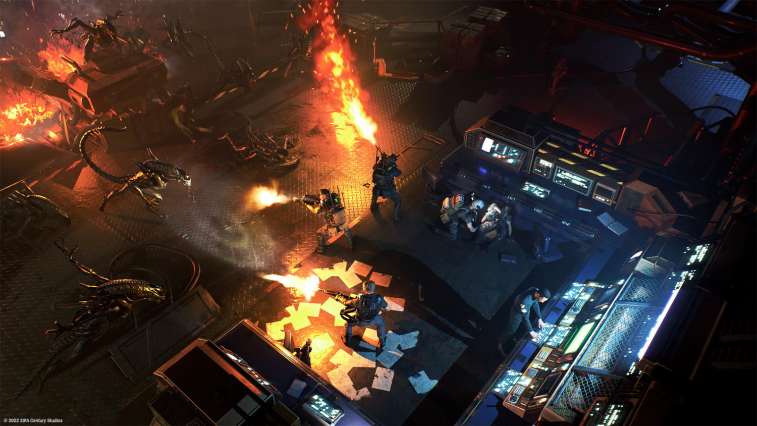 Scène d'action : soldats tirant sur des aliens dans un cadre futuriste, avec du feu.