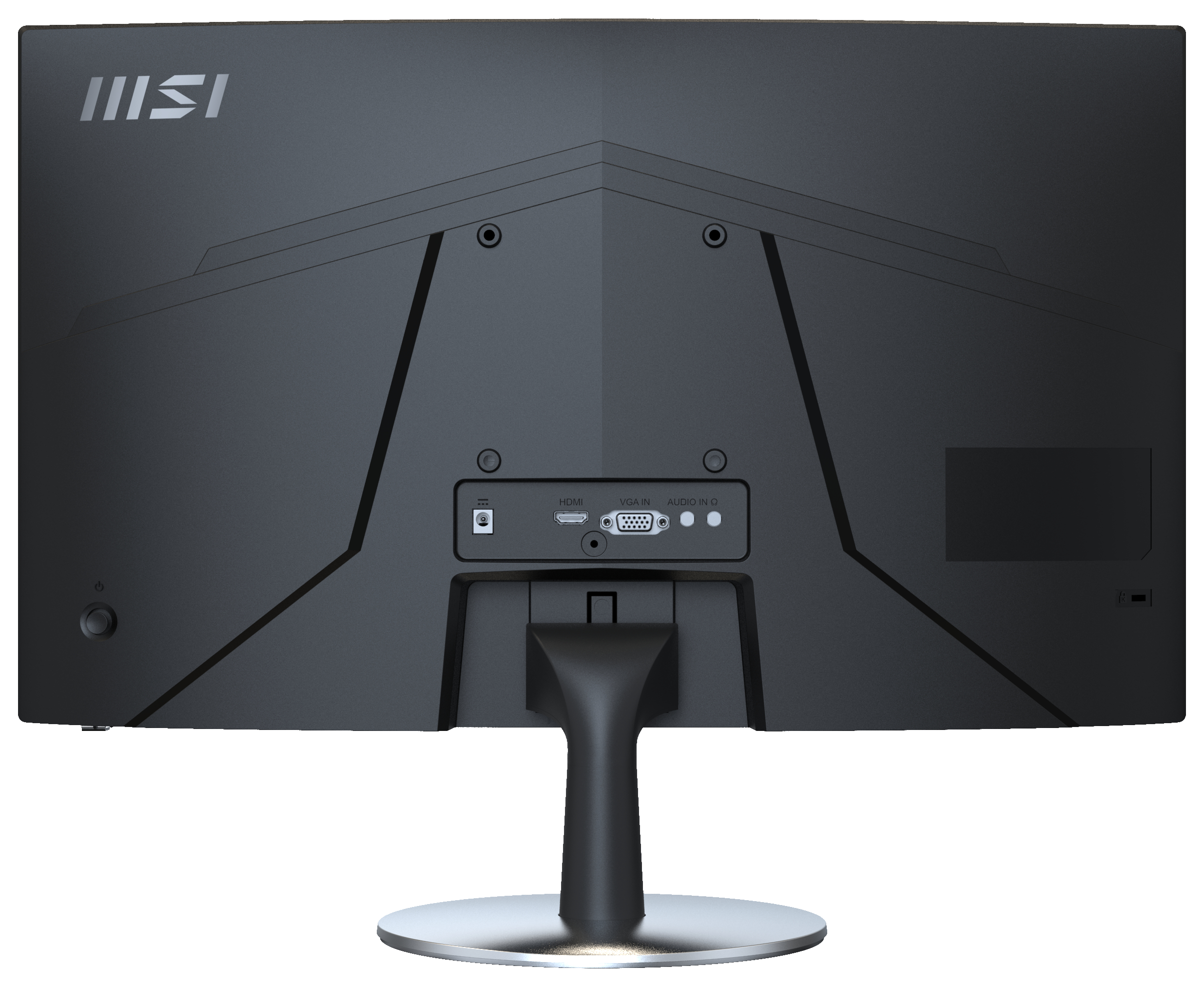 Rückseite eines schwarzen MSI-Monitors. Anschlüsse für HDMI, VGA und Audio sind sichtbar. Weißer Hintergrund.