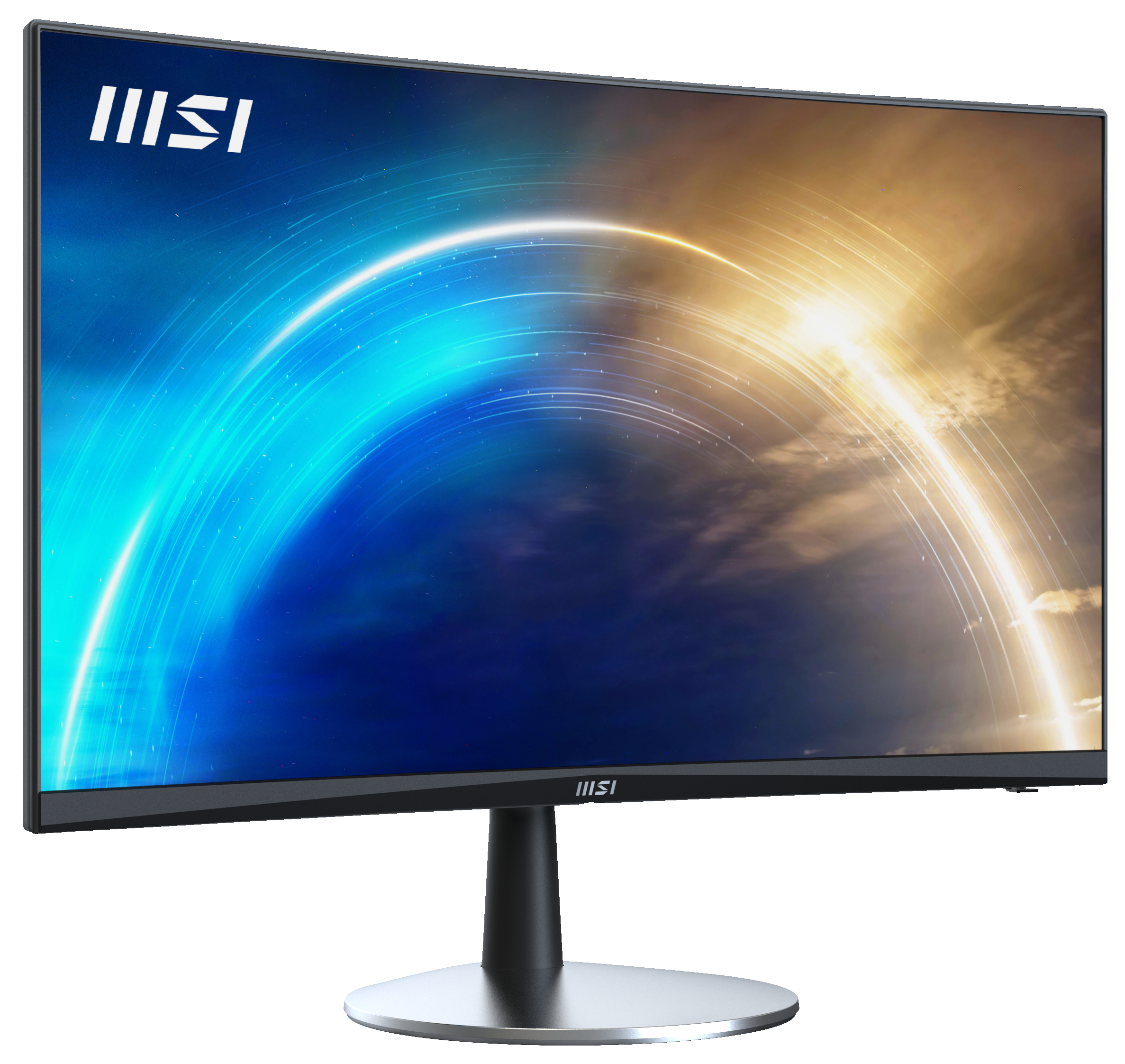 Gebogener MSI-Monitor, blauer und goldener Hintergrund.