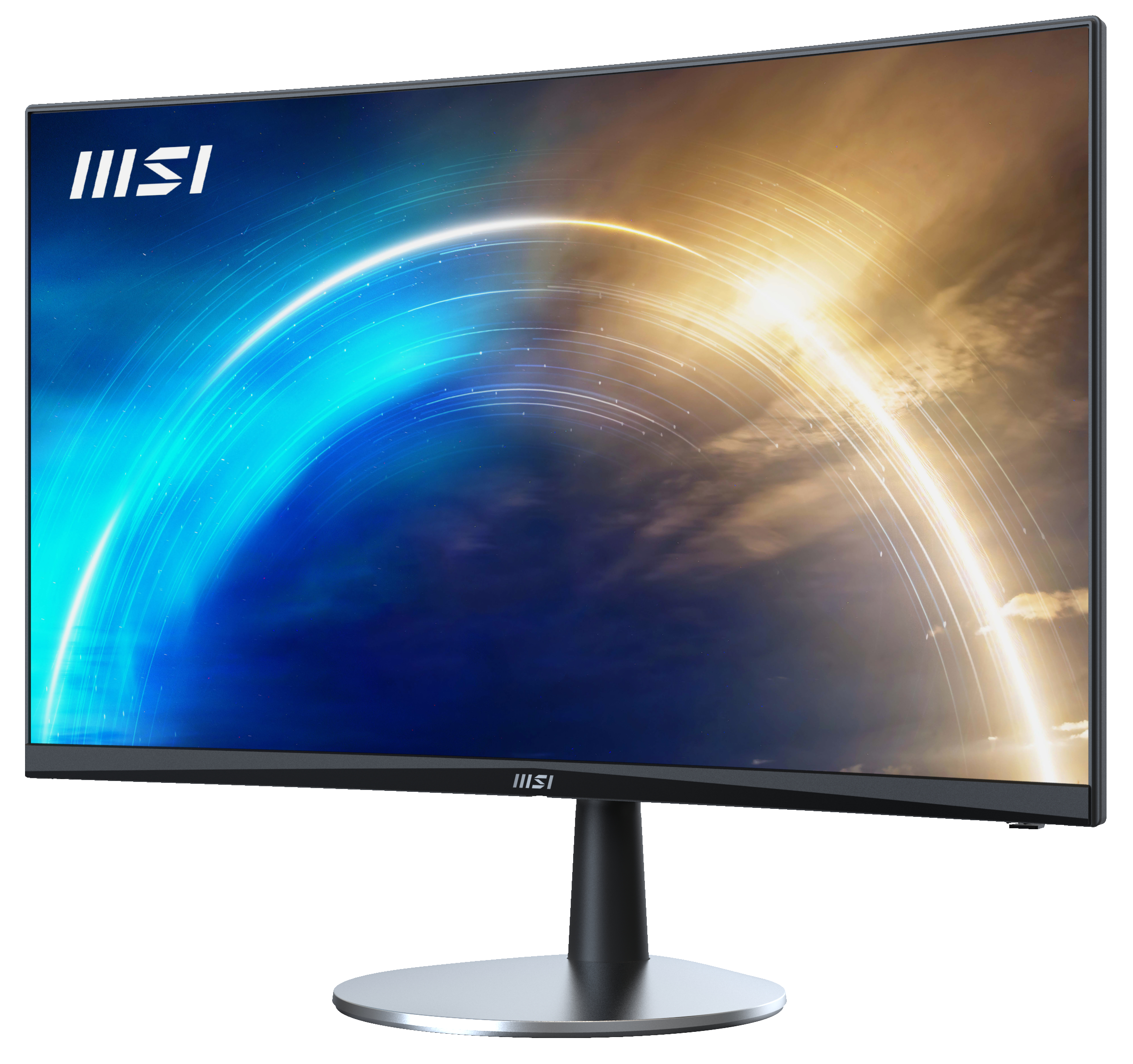 Ein geschwungener MSI-Monitor mit blauem und goldenem Farbverlauf, das MSI-Logo ist sichtbar.