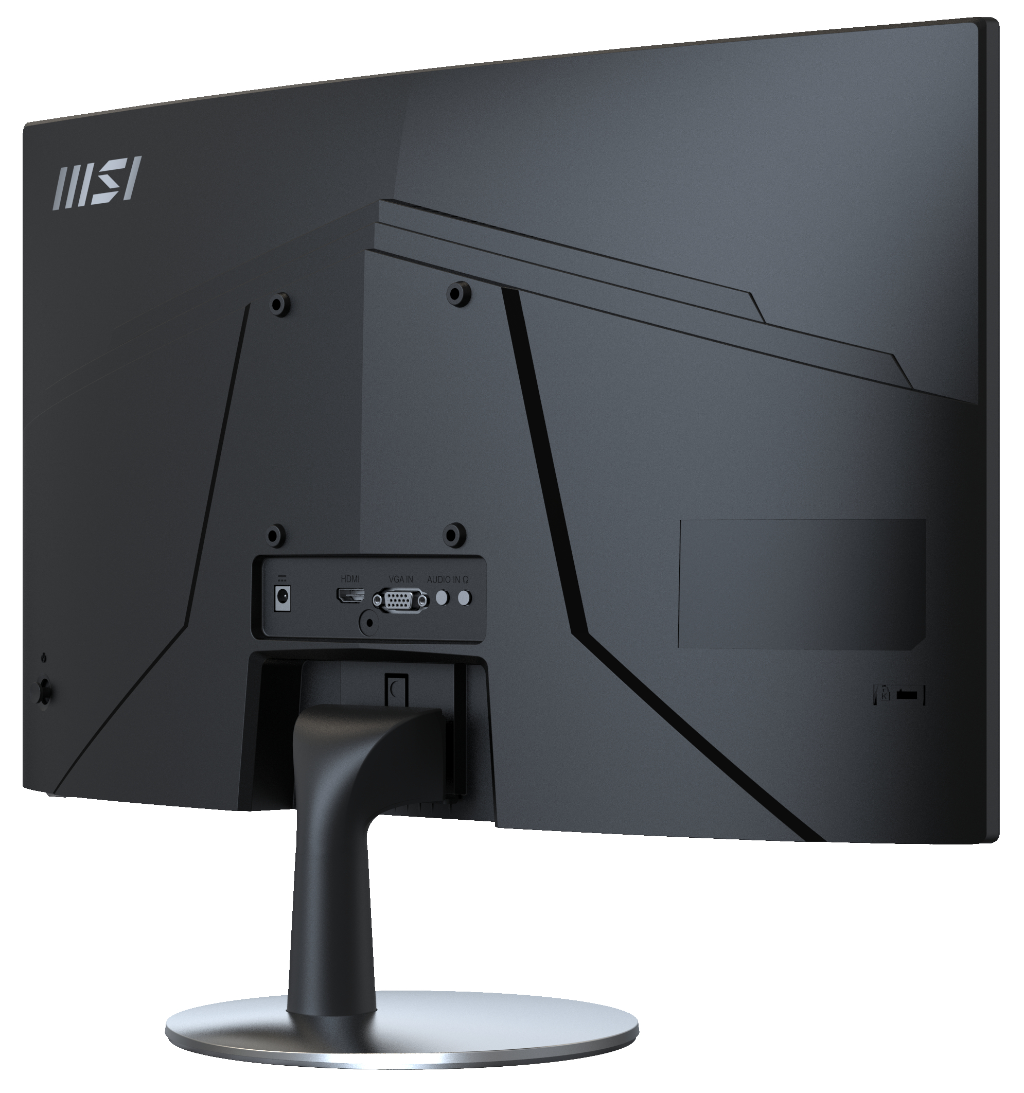Rückseite eines schwarzen MSI-Monitors, mit Anschlüssen, Ständer und MSI-Logo.