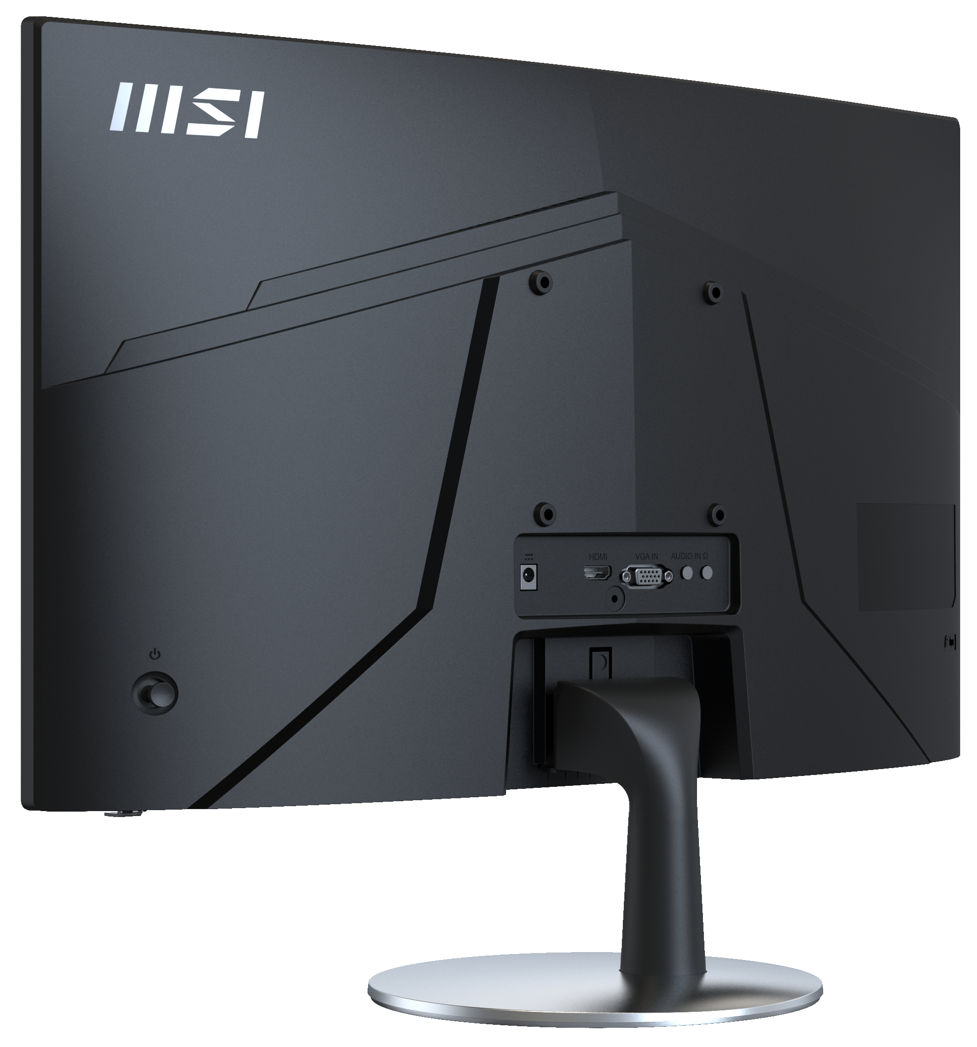 Schwarzer Computermonitor mit Rück- und Unterseite.
