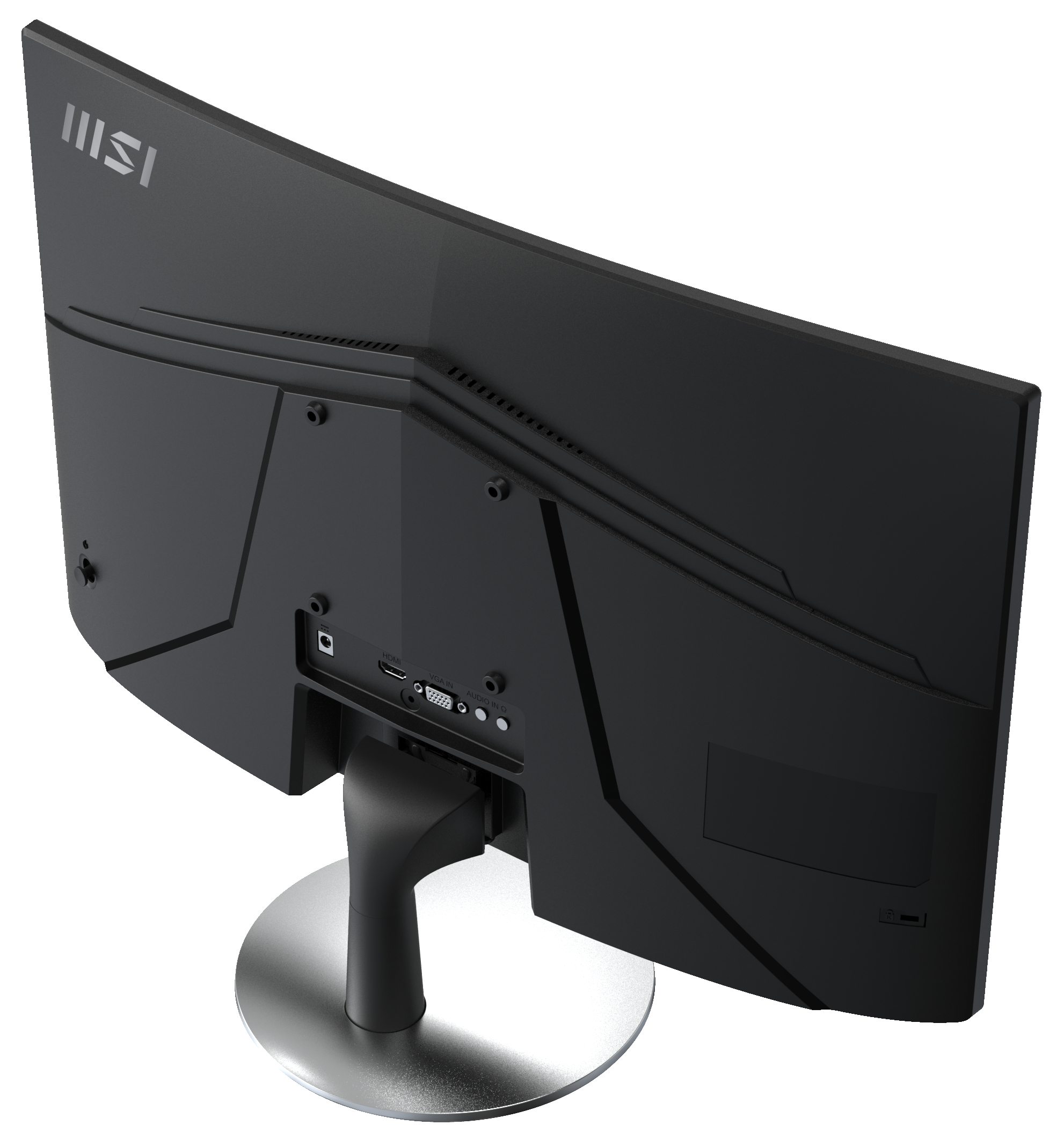 Schwarzer Computermonitor, Rückansicht, mit Anschlüssen. Silberner Ständer.