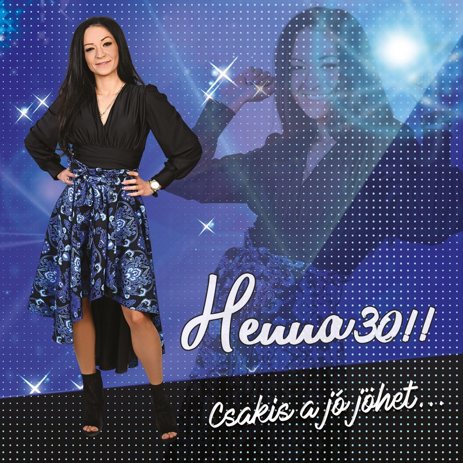 Henna 30!! album borító. Egy nő ruhában, kék háttérrel és fehér szöveggel.