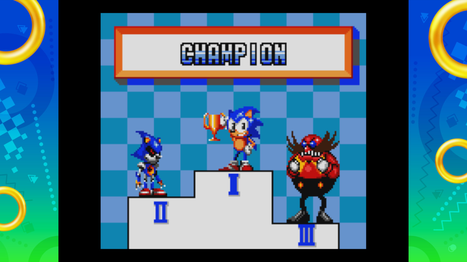 Sonic, Metal Sonic et le Dr. Eggman sur un podium, avec le texte Champion au-dessus.