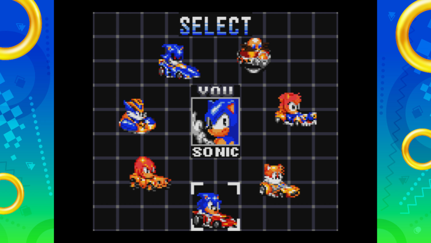 Un écran de jeu vidéo montrant l'écran de sélection des personnages pour le jeu de course Sonic.